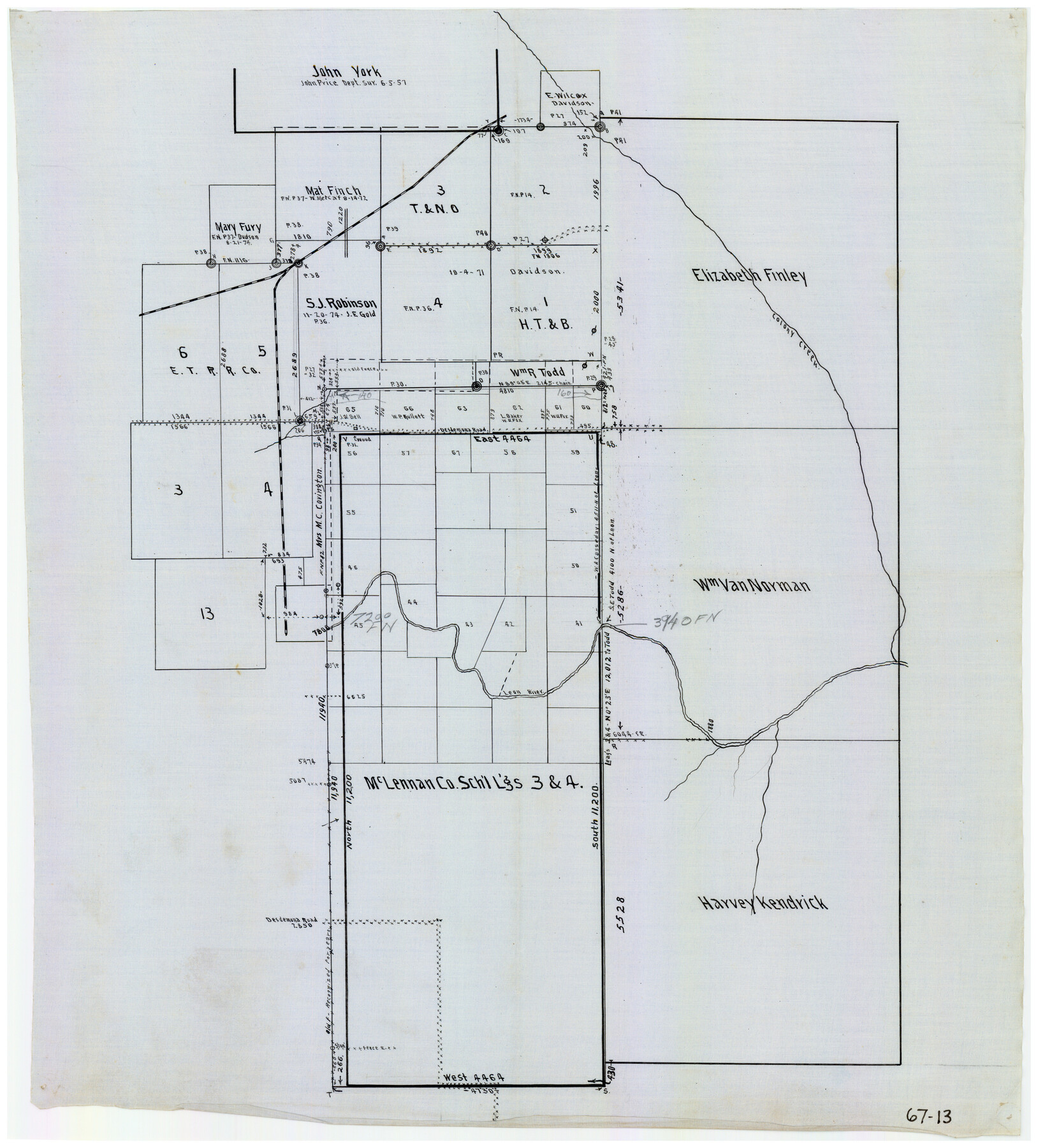 90900, [McLennan County School Leagues 3 and 4, Elizabeth Finley, Wm. Van Norman, Harvey Kendrick surveys and surveys to the west], Twichell Survey Records