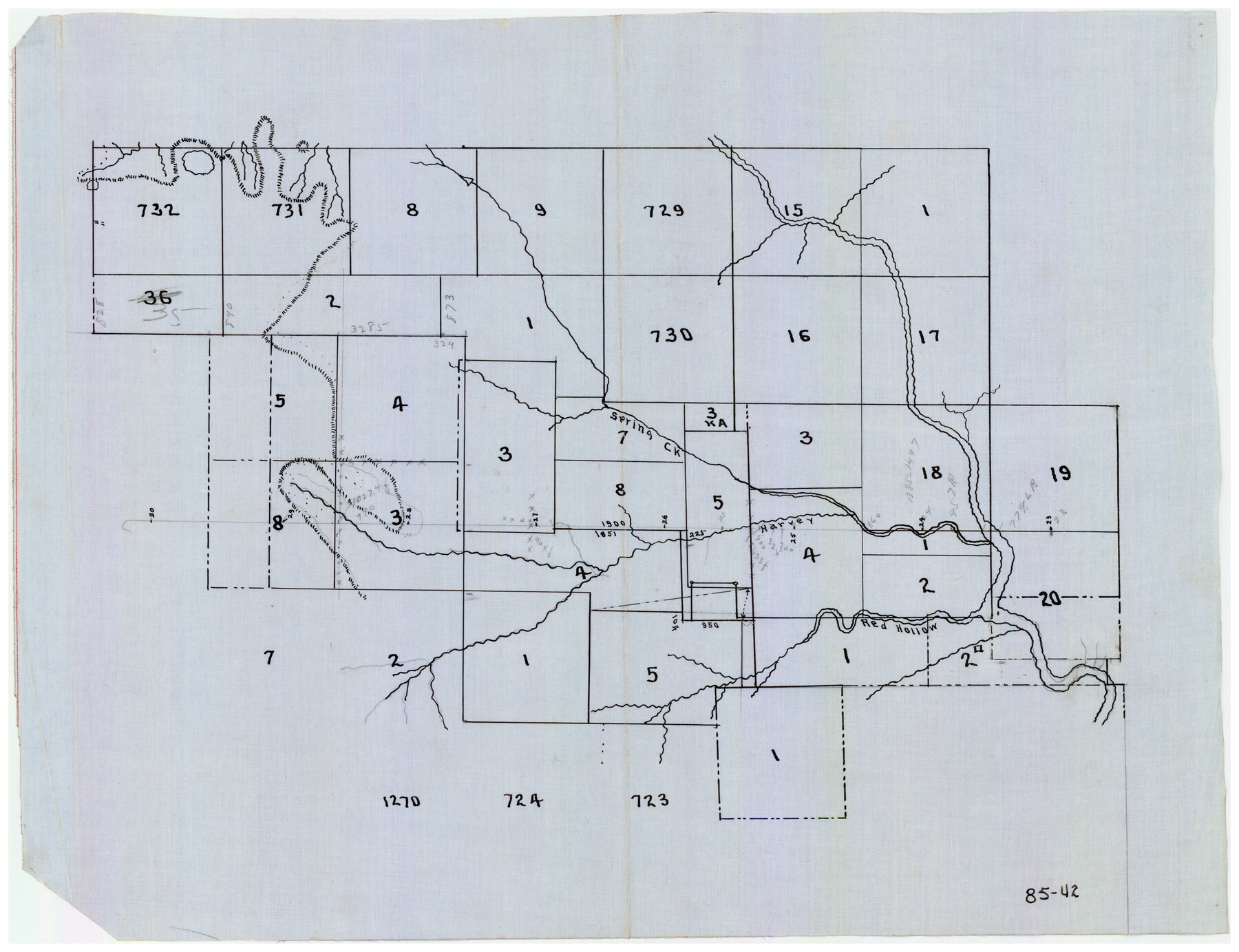 90909, [Northwest part of County showing surveys along Spring Creek, Harvey Creek, and Red Hollow Creek], Twichell Survey Records