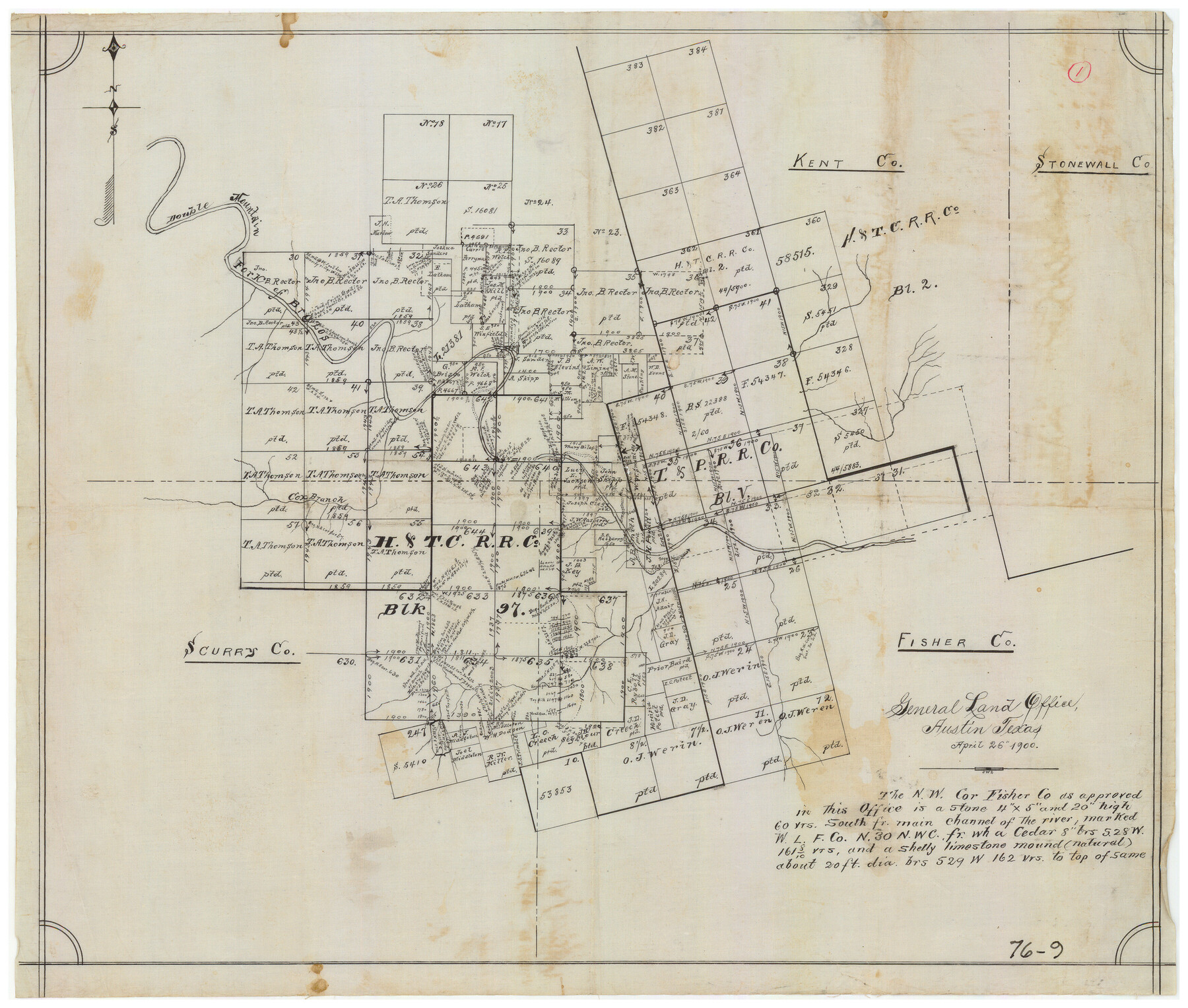 90917, [Sketch showing Northwest corner of Fisher County, Northeast corner of Scurry County and South part of Kent County], Twichell Survey Records