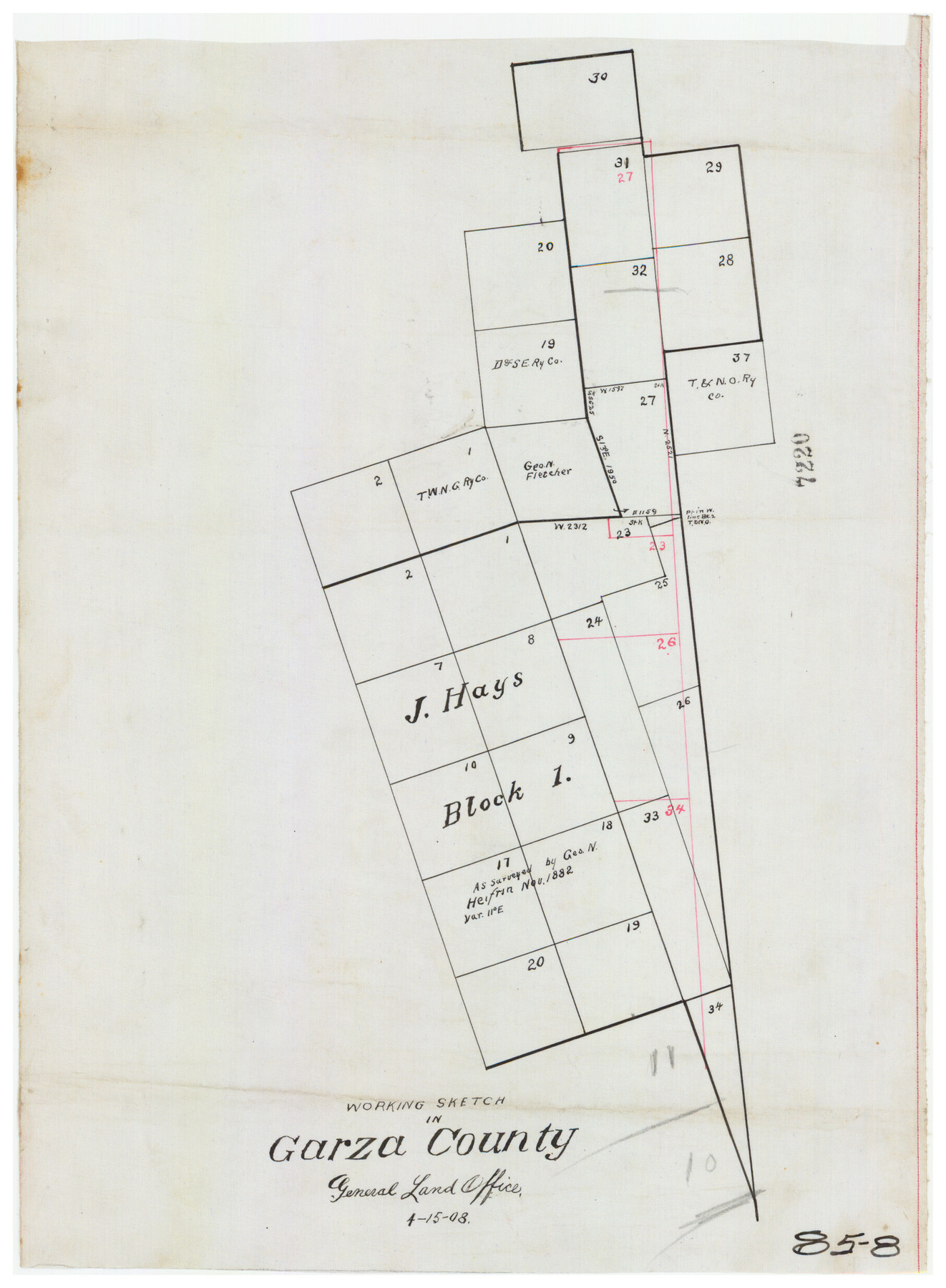 90920, Working Sketch in Garza County [J. Hays Block 1], Twichell Survey Records