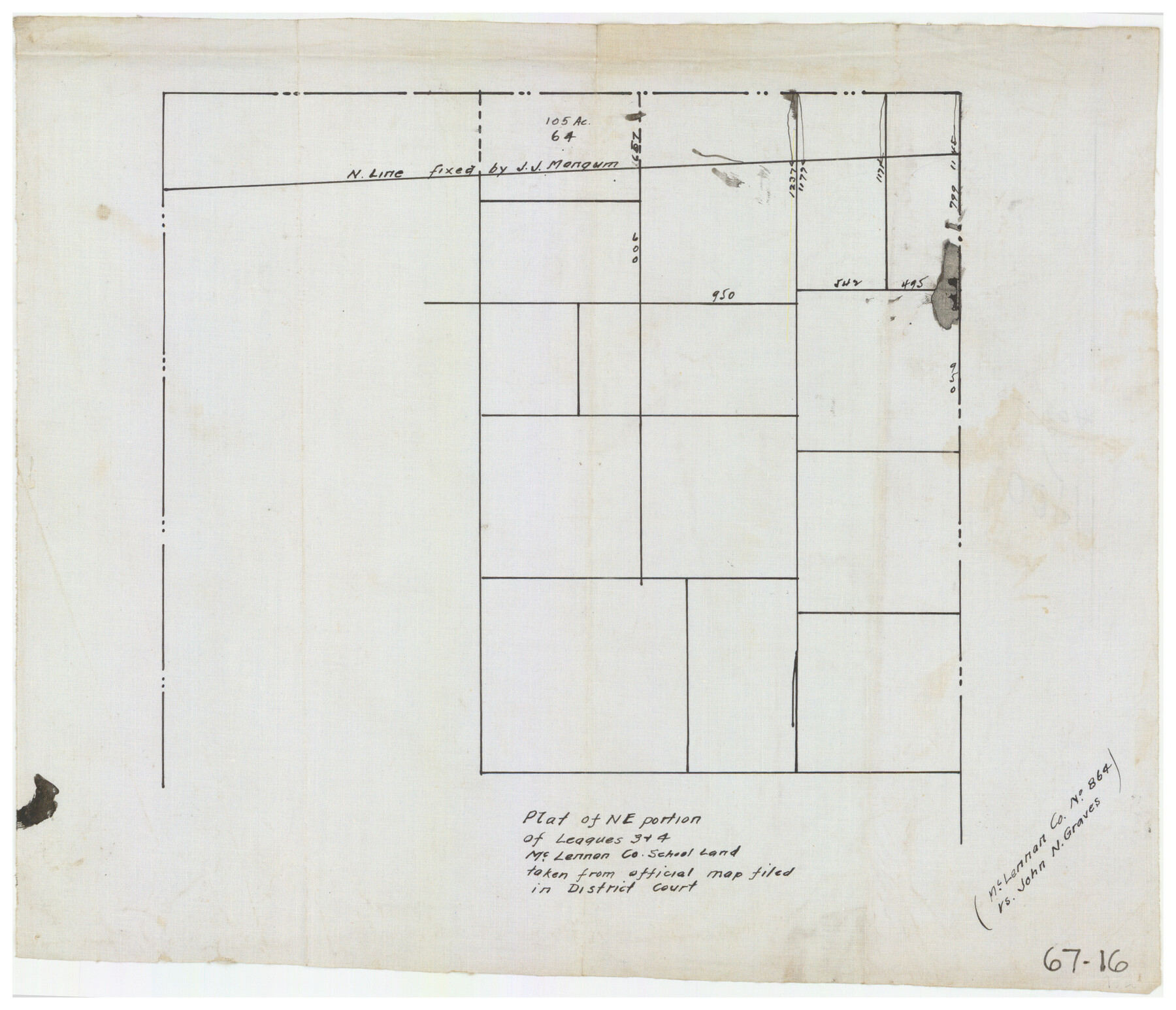 90927, Plat of NE portion of Leagues 3 & 4, McLennan Co. School Land taken from official map filed in District Court, Twichell Survey Records