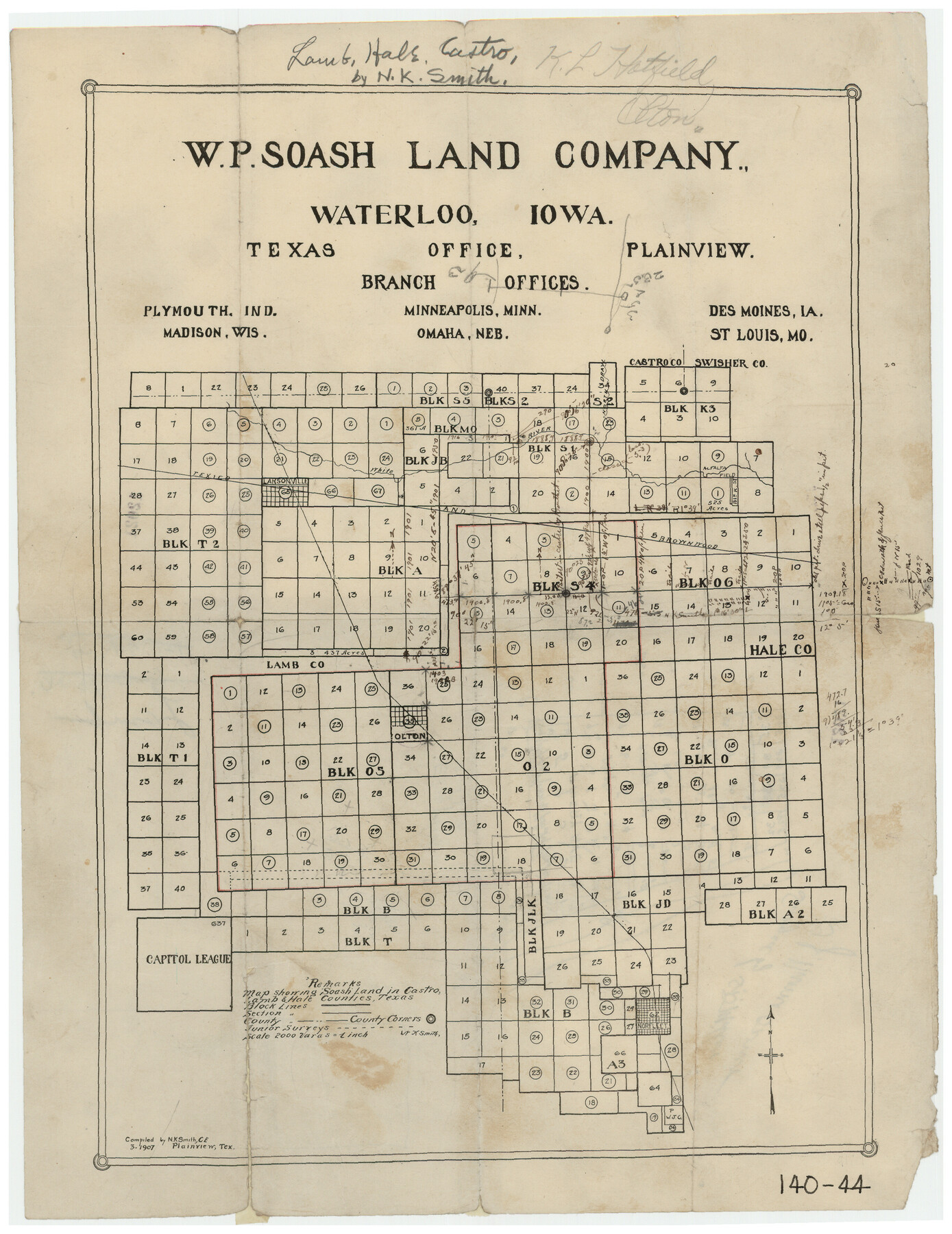 91000, Map Showing Soash Lands in Castro, Lamb, and Hale Counties, Texas, Twichell Survey Records