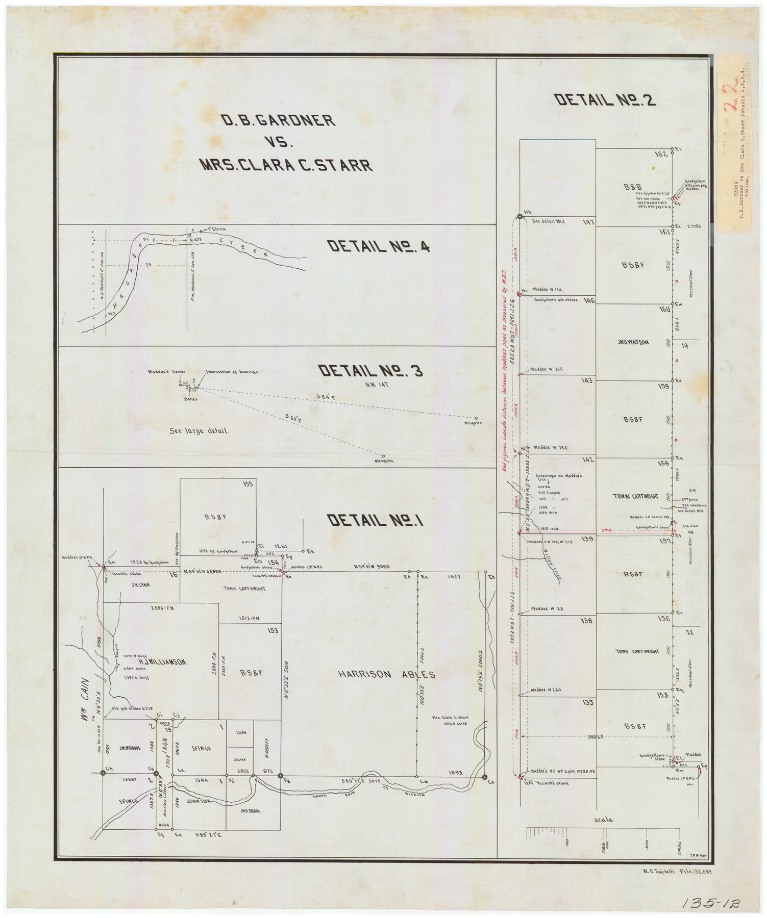 91045, D. B. Gardner vs. Mrs. Clara C. Starr, Details 1, 2, 3, and 4, Twichell Survey Records