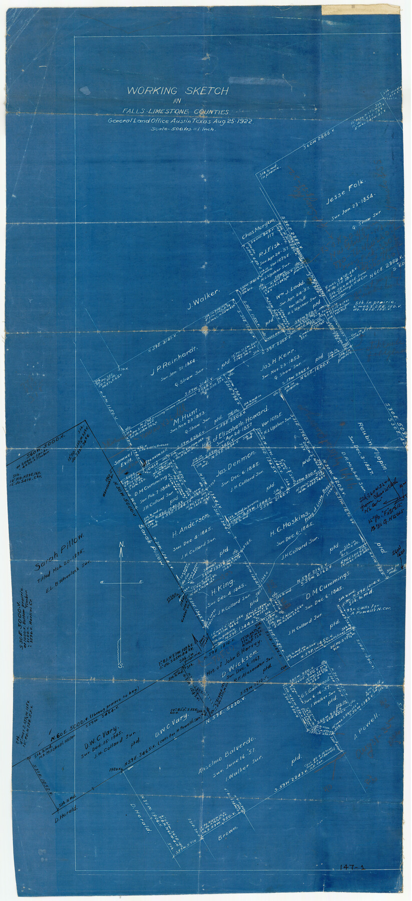 91088, Working Sketch in Falls and Limestone Counties, Twichell Survey Records