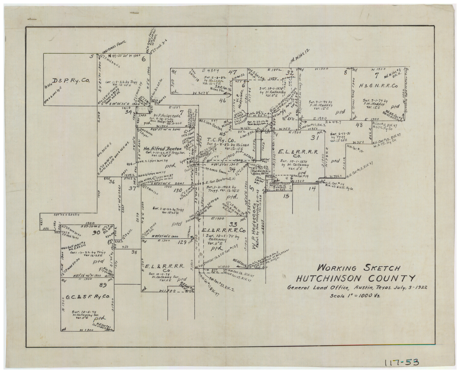 91251, Working Sketch in Hutchinson County, Twichell Survey Records