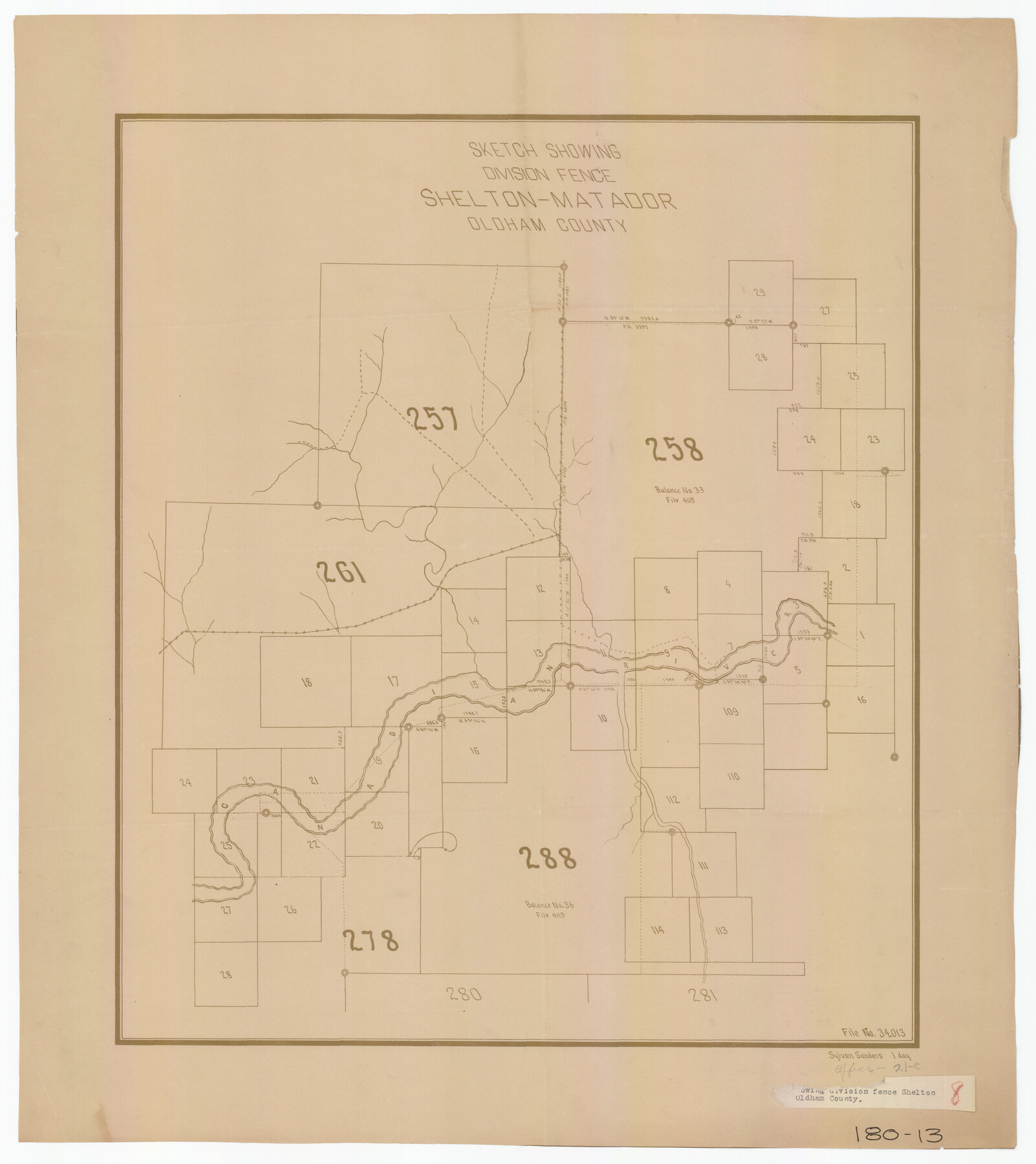 91484, Sketch Showing Division Fence Shelton- Matador, Oldham County, Twichell Survey Records