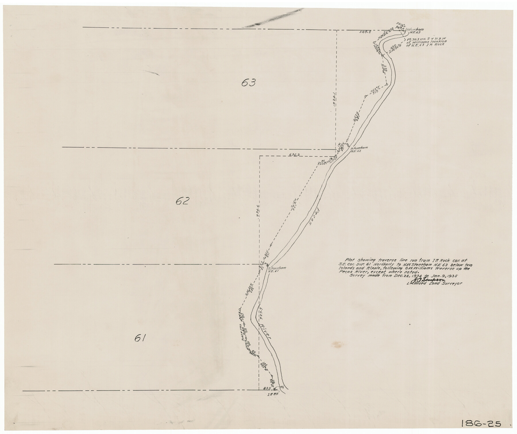 91598, [Plat showing traverse line run from I. R. Rock at southeast corner survey 58 northerly to the I. R. Rock corner at the northeast 60], Twichell Survey Records