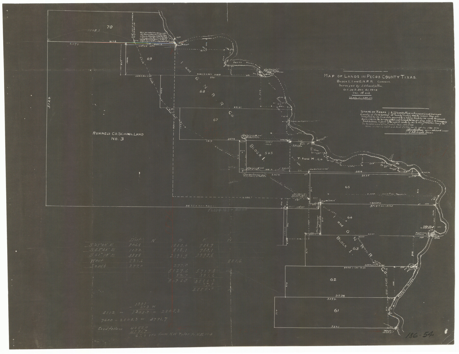 91640, Map of Lands in Pecos County Tixas (sic), Block 1, I. and G. N. RR. Company, Twichell Survey Records