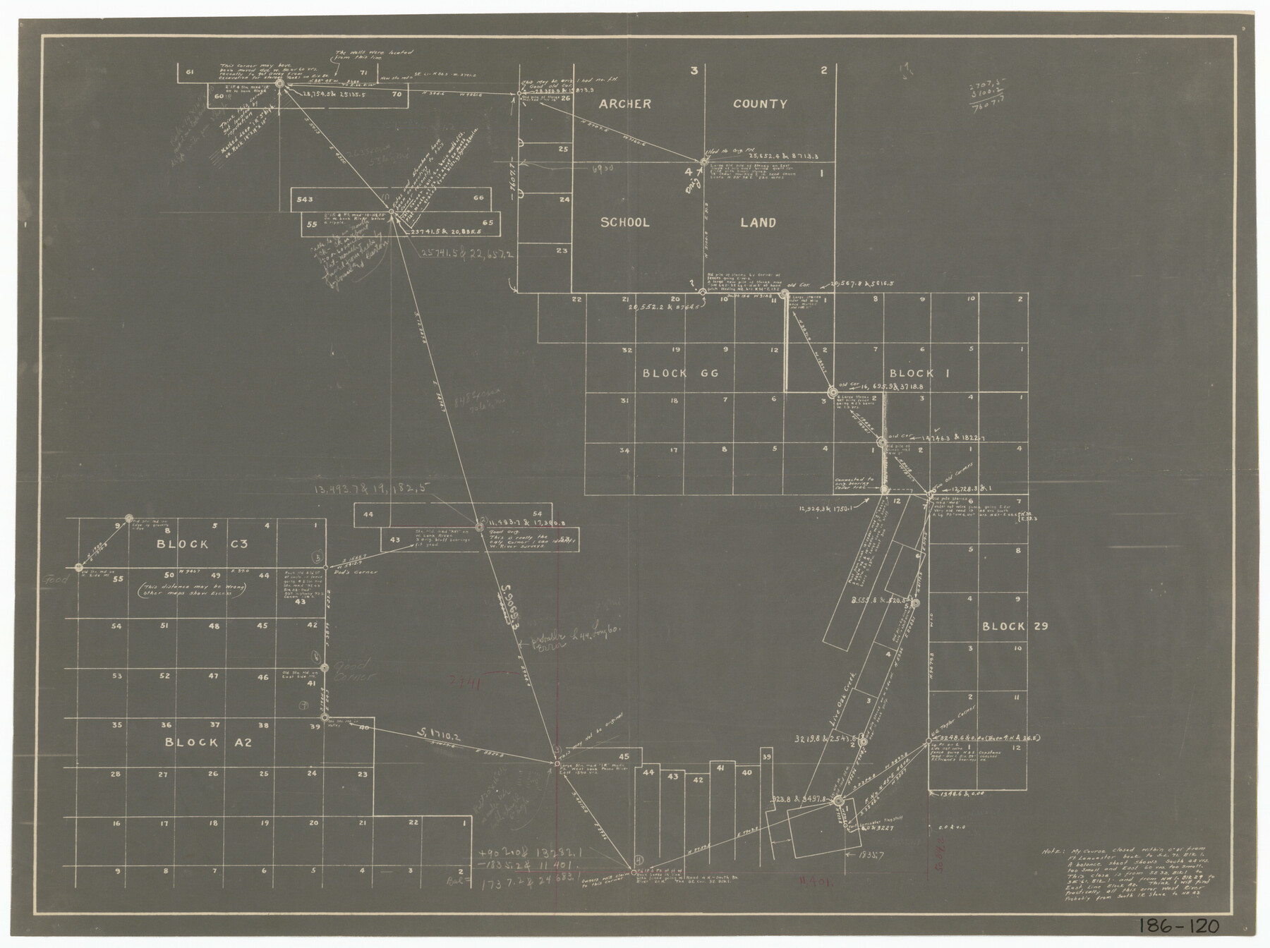 91645, [Connecting lines through Blocks A2, 29, I, GG, I. & G. N. Block 1 and Archer County School Land], Twichell Survey Records