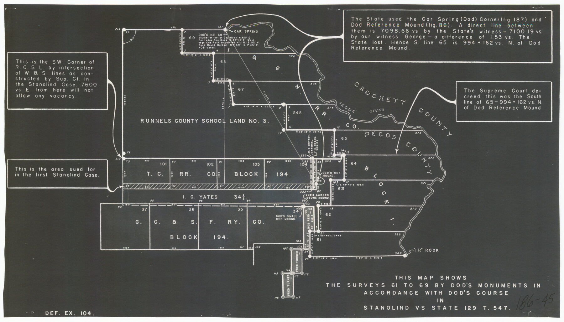 91687, This Map Shows the Surveys 61 to 69 by Dod's Monuments in Accordance with Dod's Course in Stanolind vs. State, Twichell Survey Records