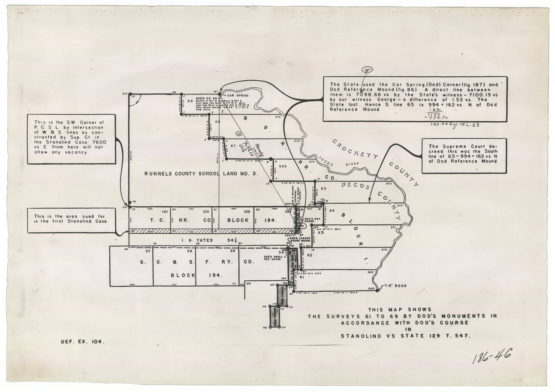 91688, This Map Shows the Surveys 61 to 69 by Dod's Monuments in Accordance with Dod's Course in Stanolind vs. State, Twichell Survey Records