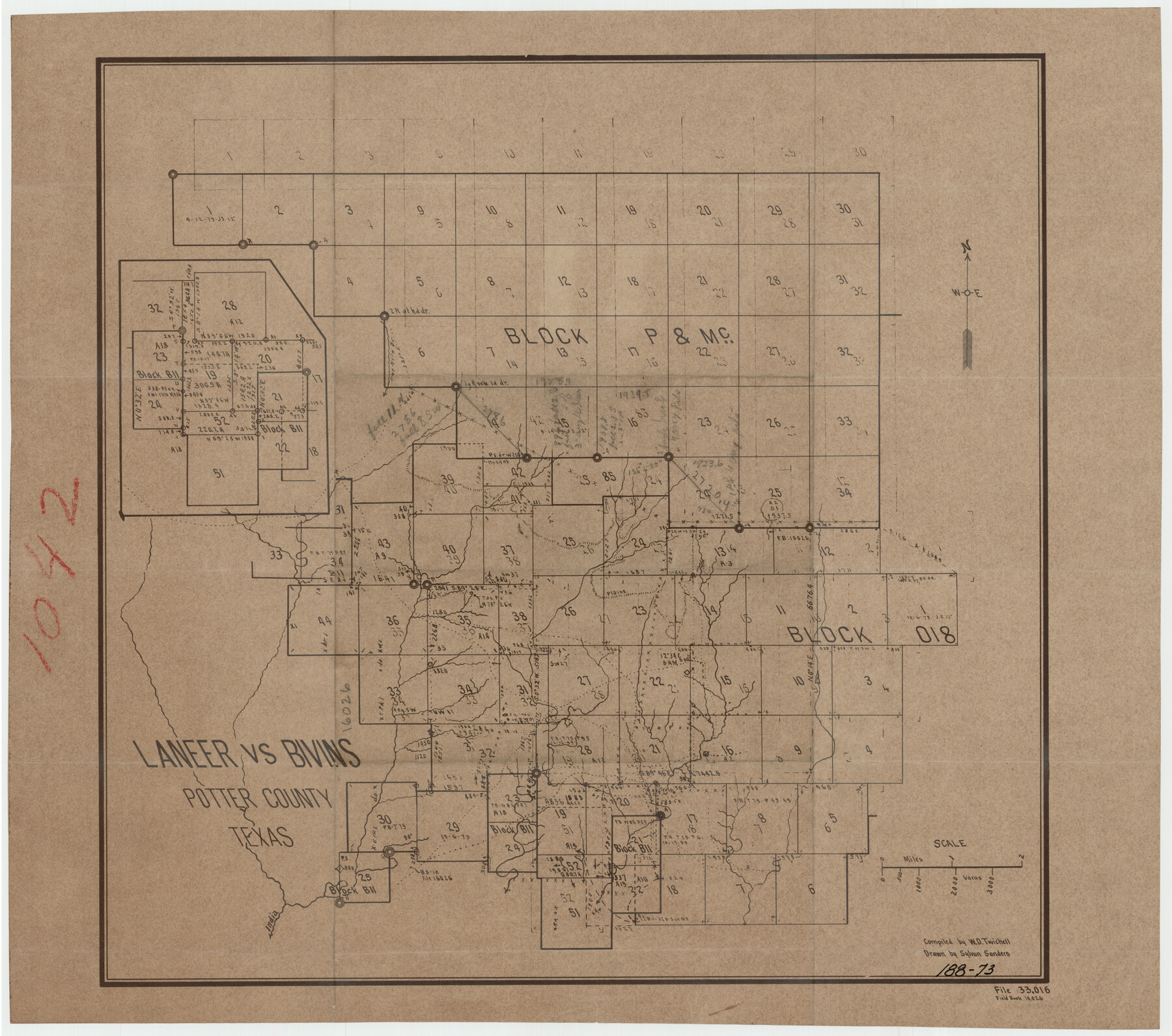 91726, [Sketch showing Blocks B-11, O-18, P and Mc in case of Laneer vs. Bivens], Twichell Survey Records