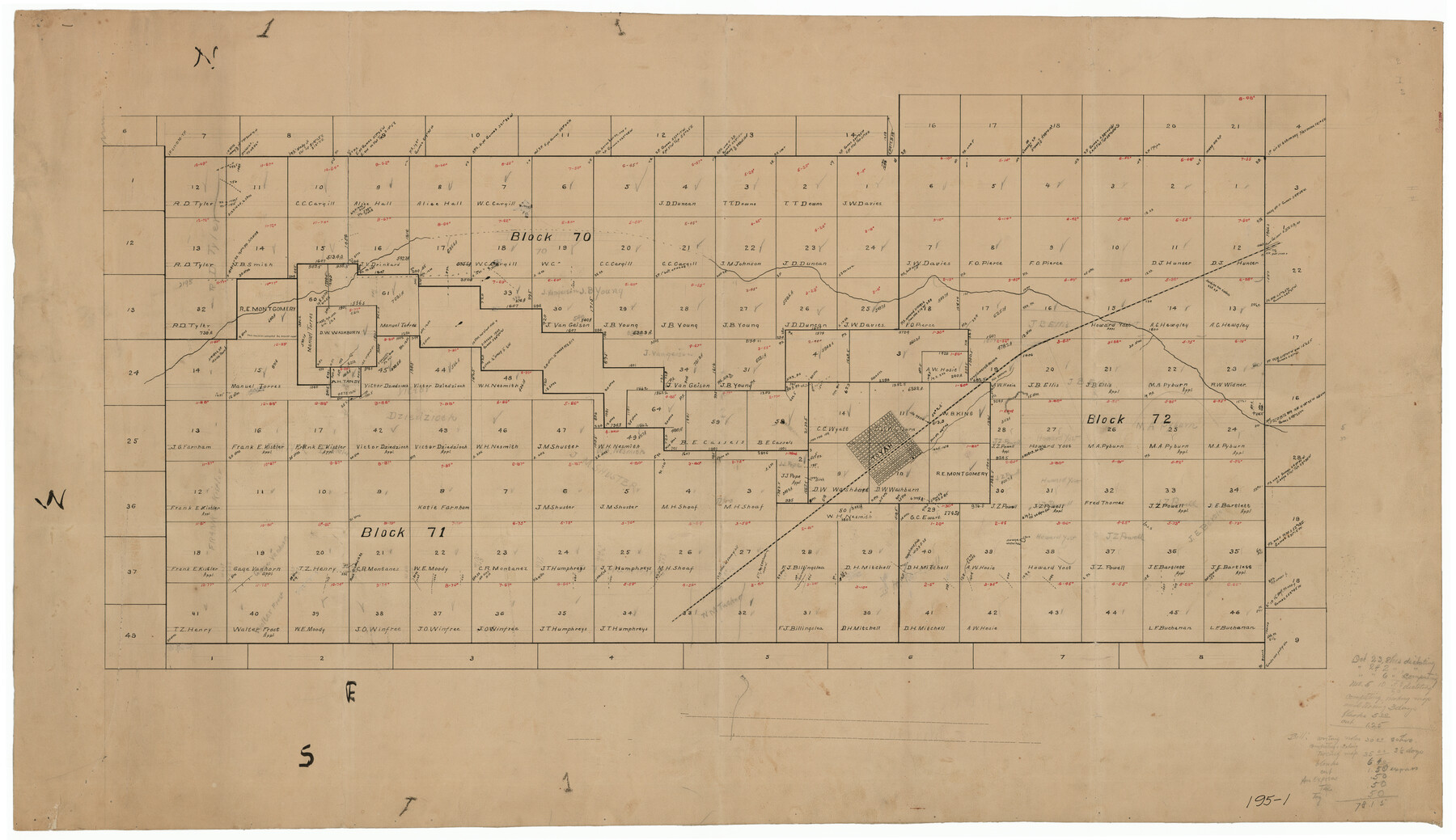 91750, [Sketch showing surveys in Blocks 70, 71 and 72 surrounding the town of Toyah], Twichell Survey Records