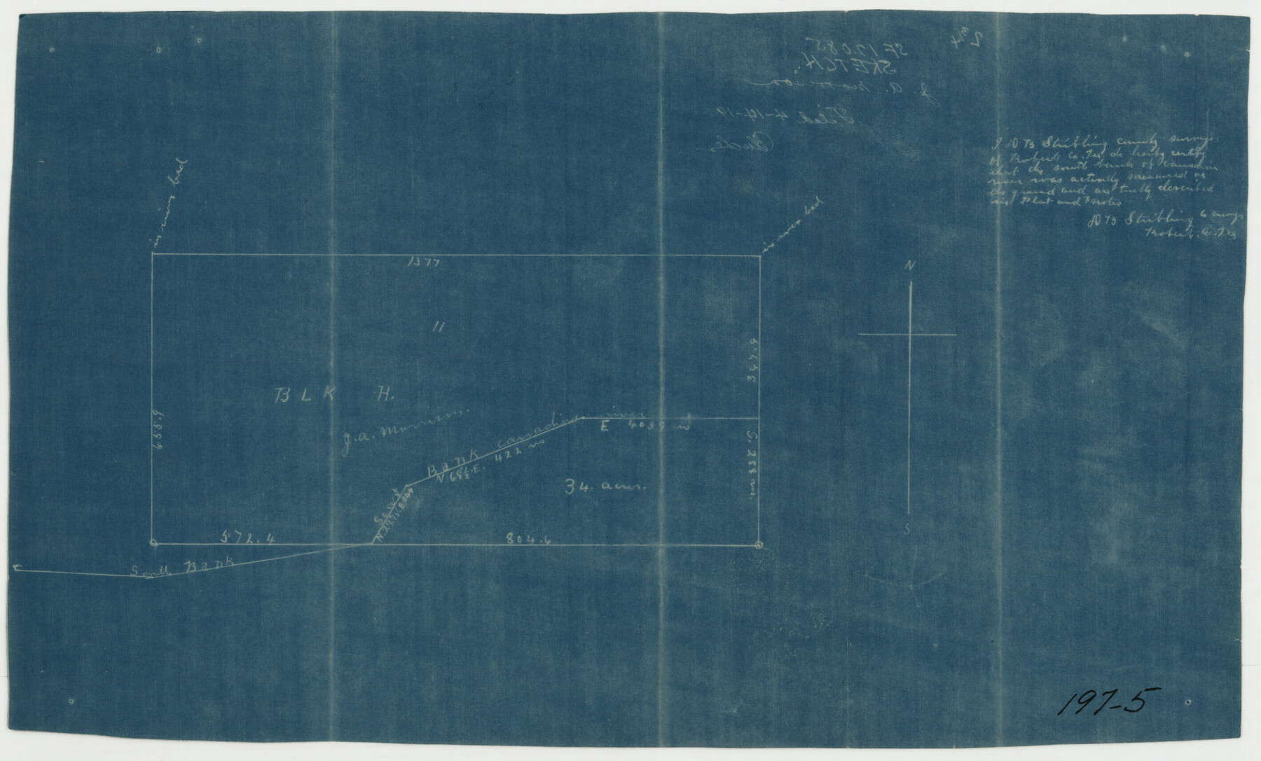 91761, [Sketch showing Block H, Section 11 of Roberts County, including the south bank of the Canadian River], Twichell Survey Records