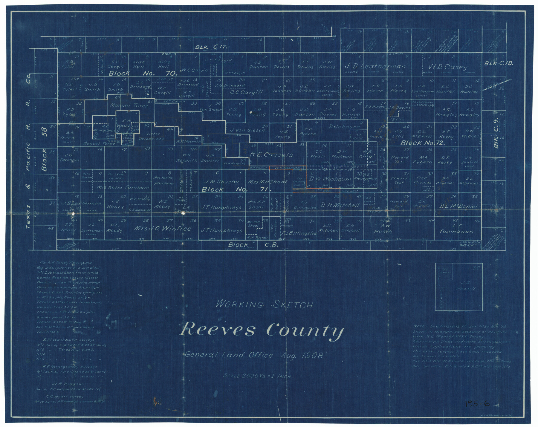 91770, Working Sketch Reeves County [showing Blocks 70-72, C-8, 9, 17-18, and Texas & Pacific RR Block 58], Twichell Survey Records