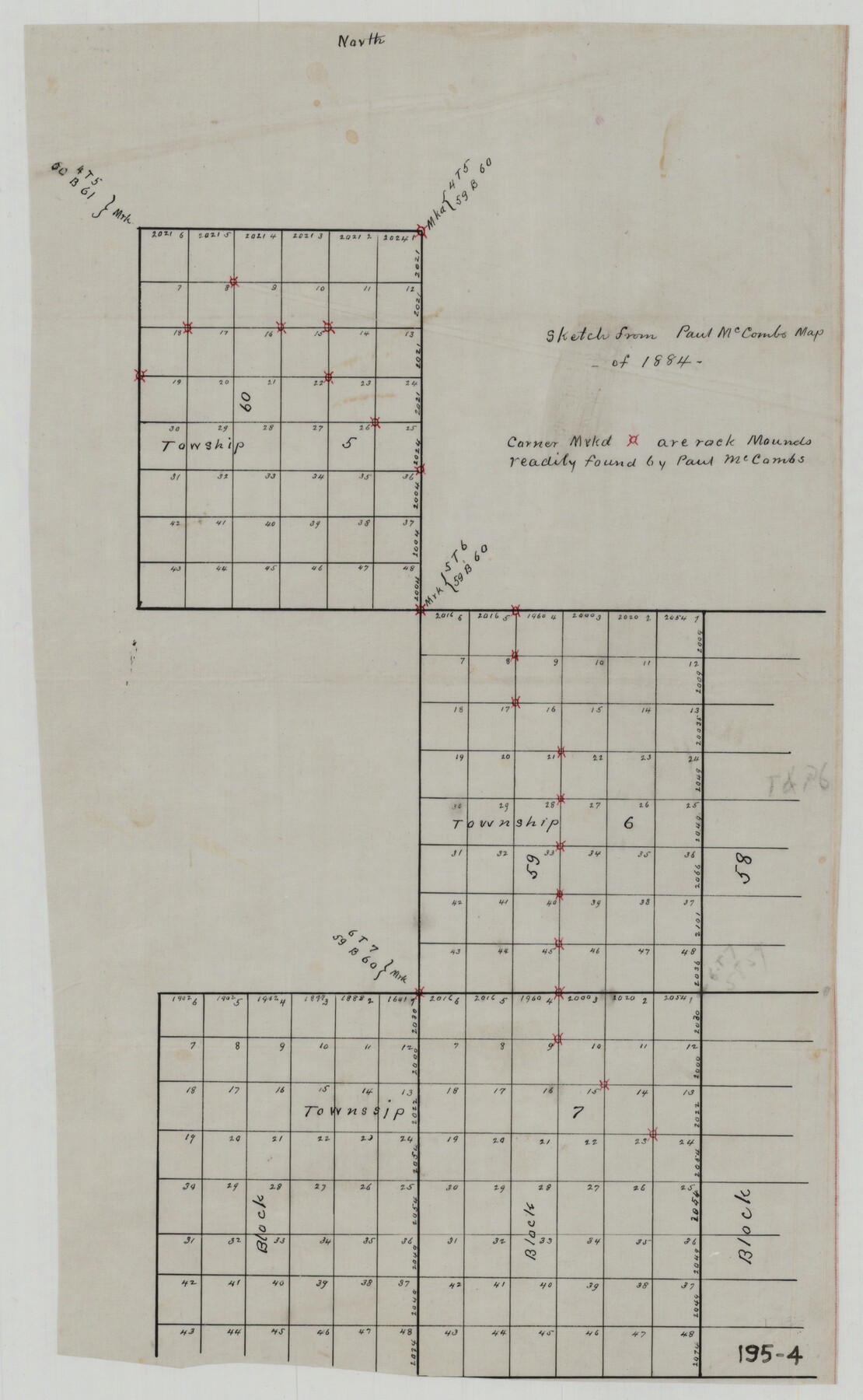 91774, [Sketch from Paul McCombs Map of 1884, showing T. & P. Township 5, Block 60, Township 6, Block 59, and Township 7, Blocks 59 and 60], Twichell Survey Records