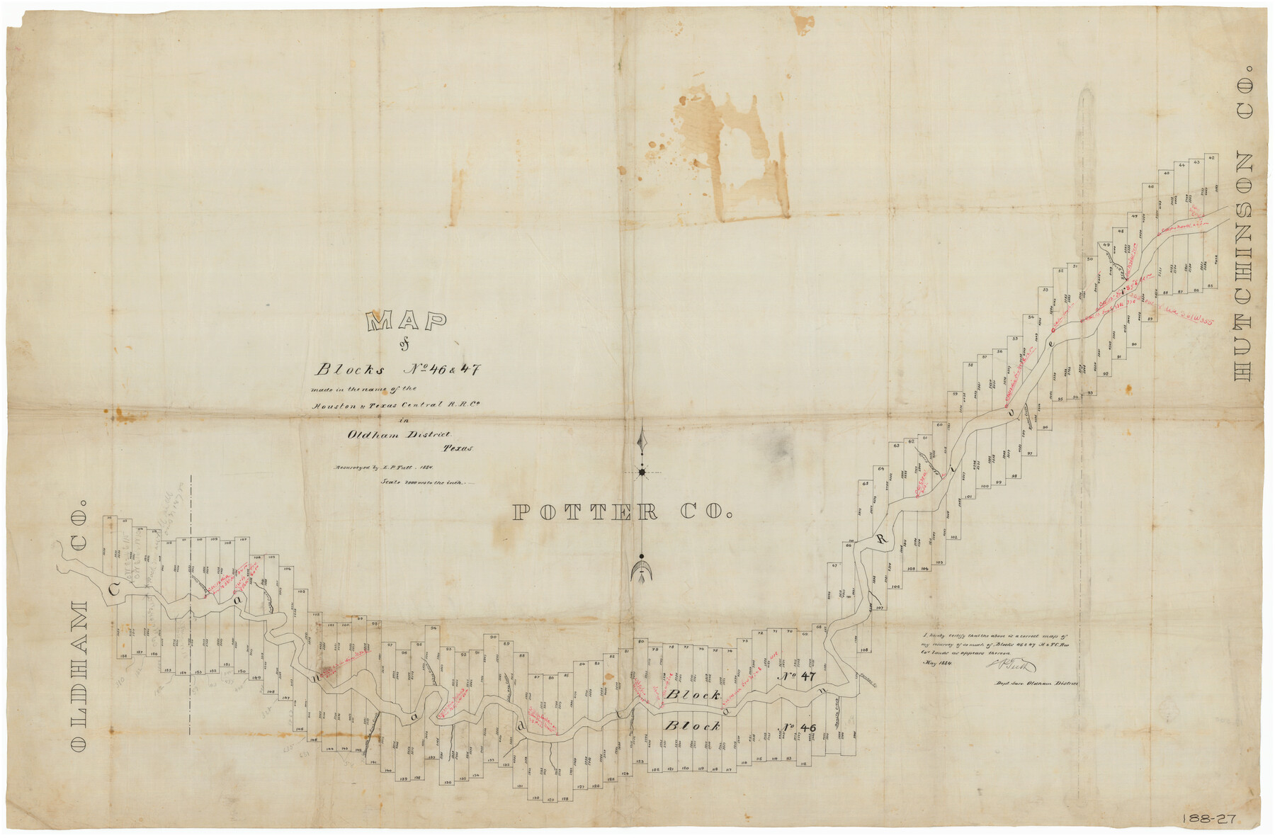 91818, Map of Blocks No. 46 and 47 made in the name of Houston and Texas Central RR. Co. in Oldham District, Twichell Survey Records