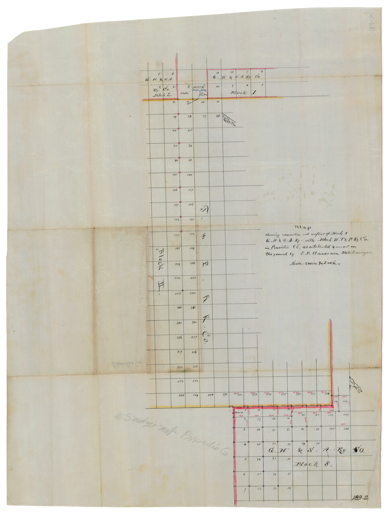 91821, Map showing connection and conflict of Block 8, G. H. & S. A. Ry. with Block II, T. & P. Ry. Co., Twichell Survey Records