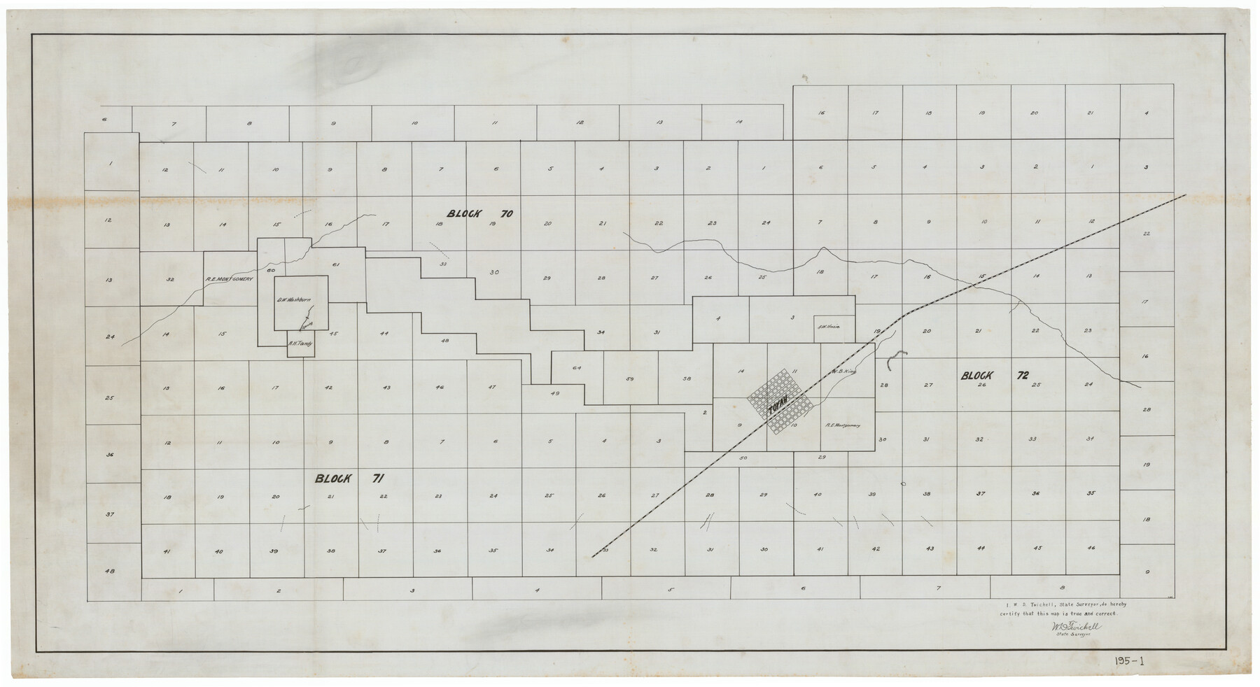 91835, [Sketch showing surveys in Blocks 70, 71 and 72 surrounding the town of Toyah], Twichell Survey Records