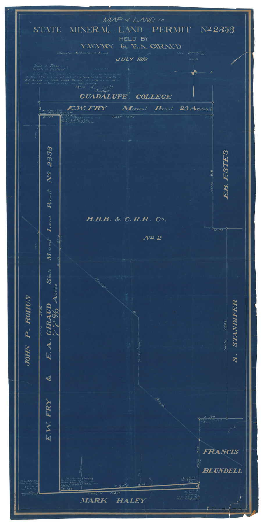 91837, Map of Land in State Mineral Land Permit No. 2838 held by E. W. Fry and E. A. Giraud, Twichell Survey Records