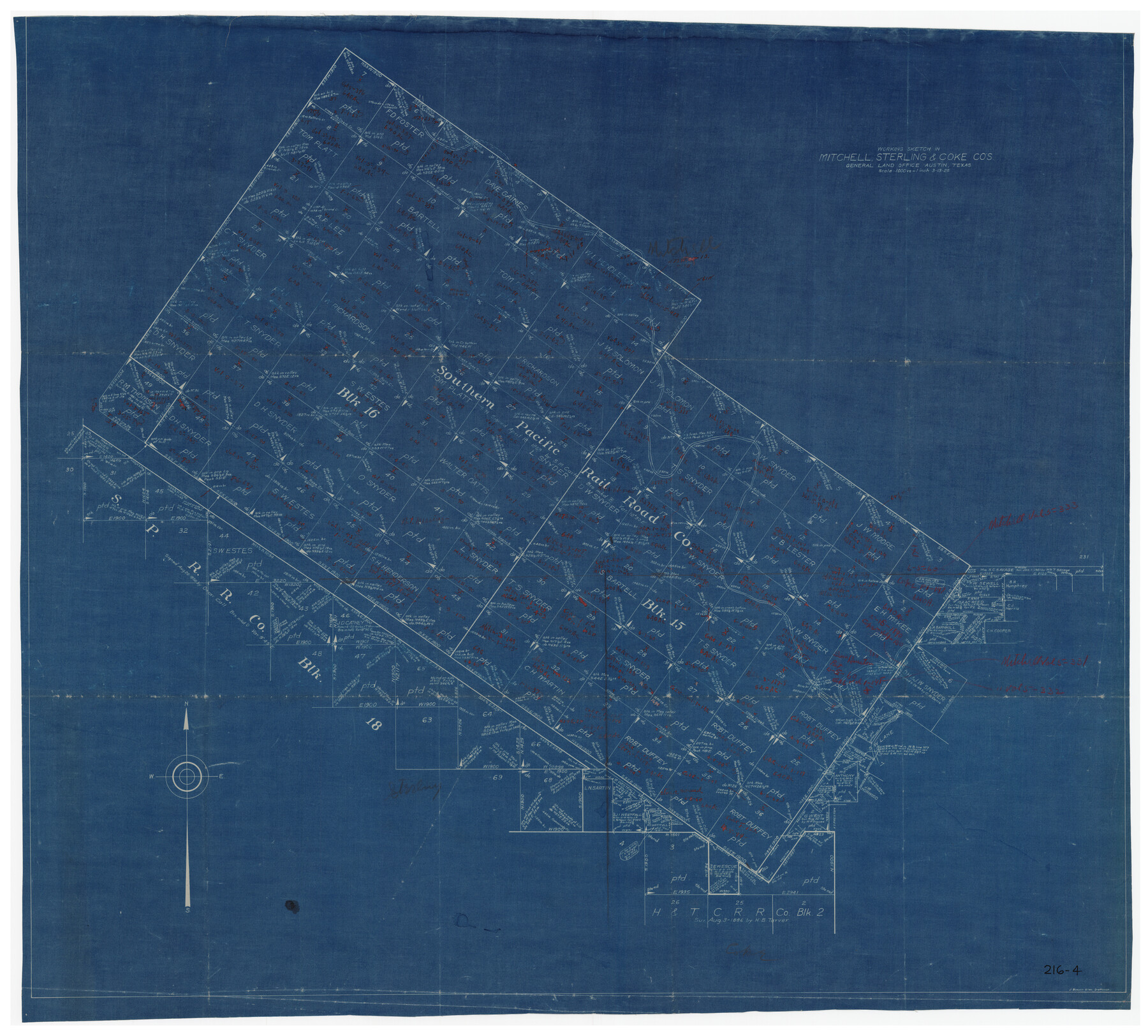 91840, Working Sketch in Mitchell, Sterling, and Coke Co's., Twichell Survey Records