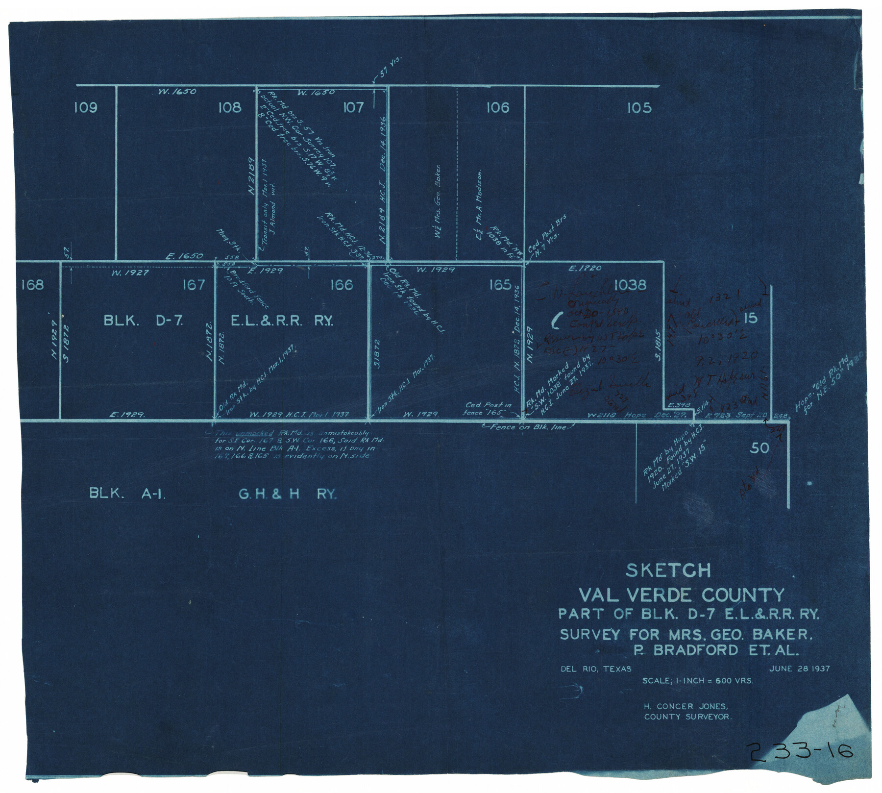 91873, Sketch, Val Verde County, Part of Blk. D-7 E. L. & R. R. Ry., Survey for Mrs. Geo. Baker, P. Bradford et. al., Twichell Survey Records