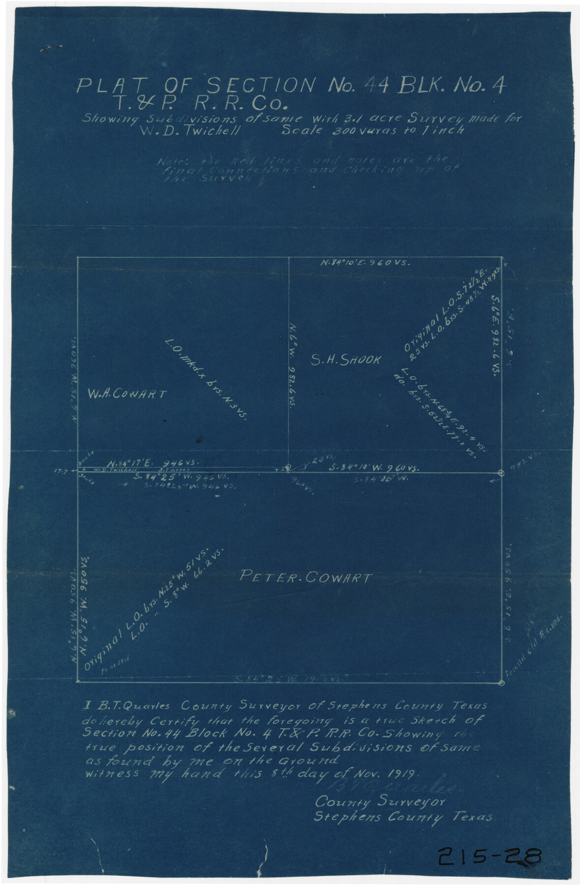 91908, Plat of Section No. 44, Blk. No. 4, T. & P. RR. Co. showing subdivisions of same with 3.1 acre survey made for W. D. Twichell, Twichell Survey Records