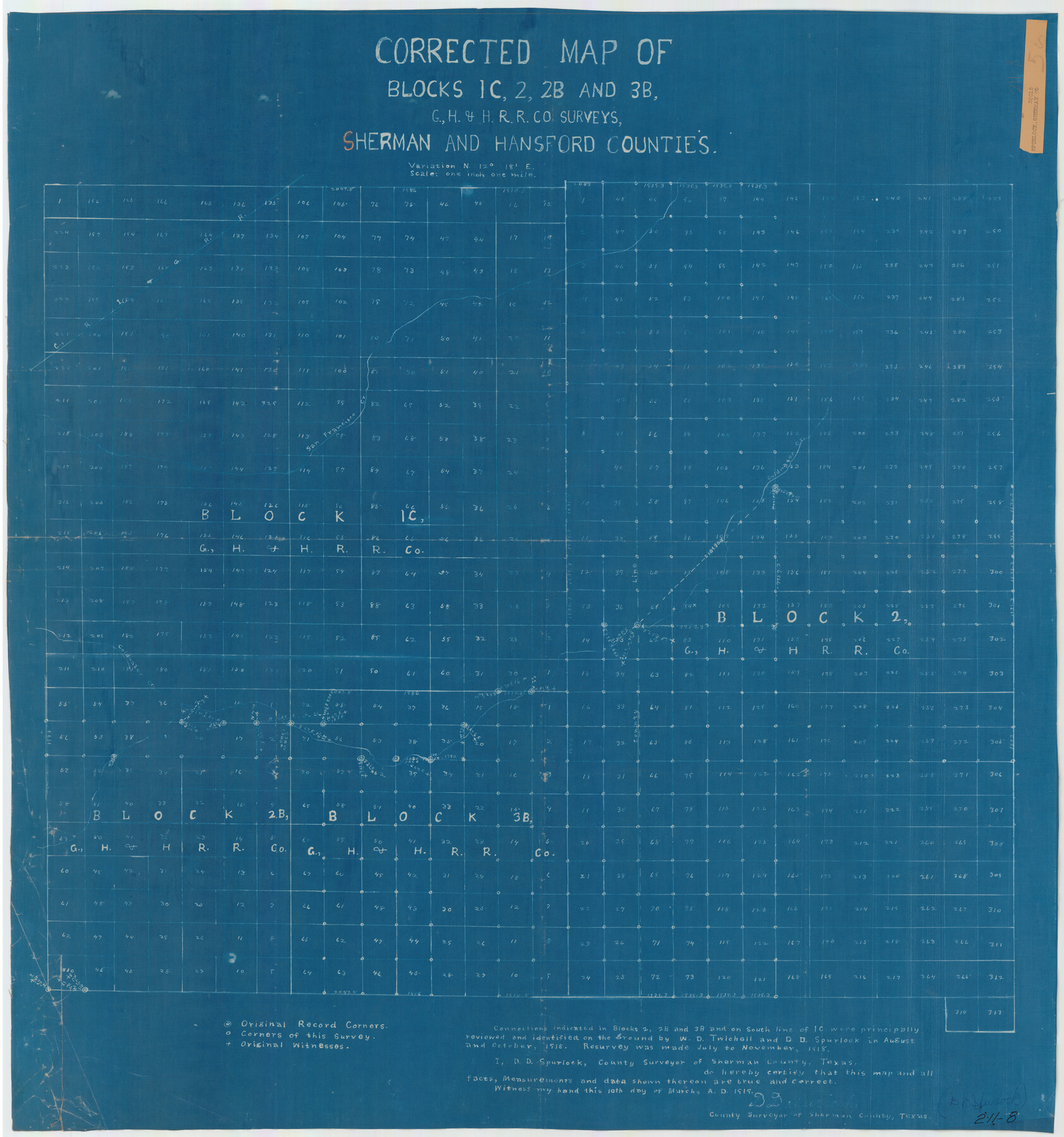 91924, Corrected Map of Blocks 1C, 2, 2B and 3B, G. H. & H. RR. Co. Surveys, Sherman and Hansford Counties, Twichell Survey Records