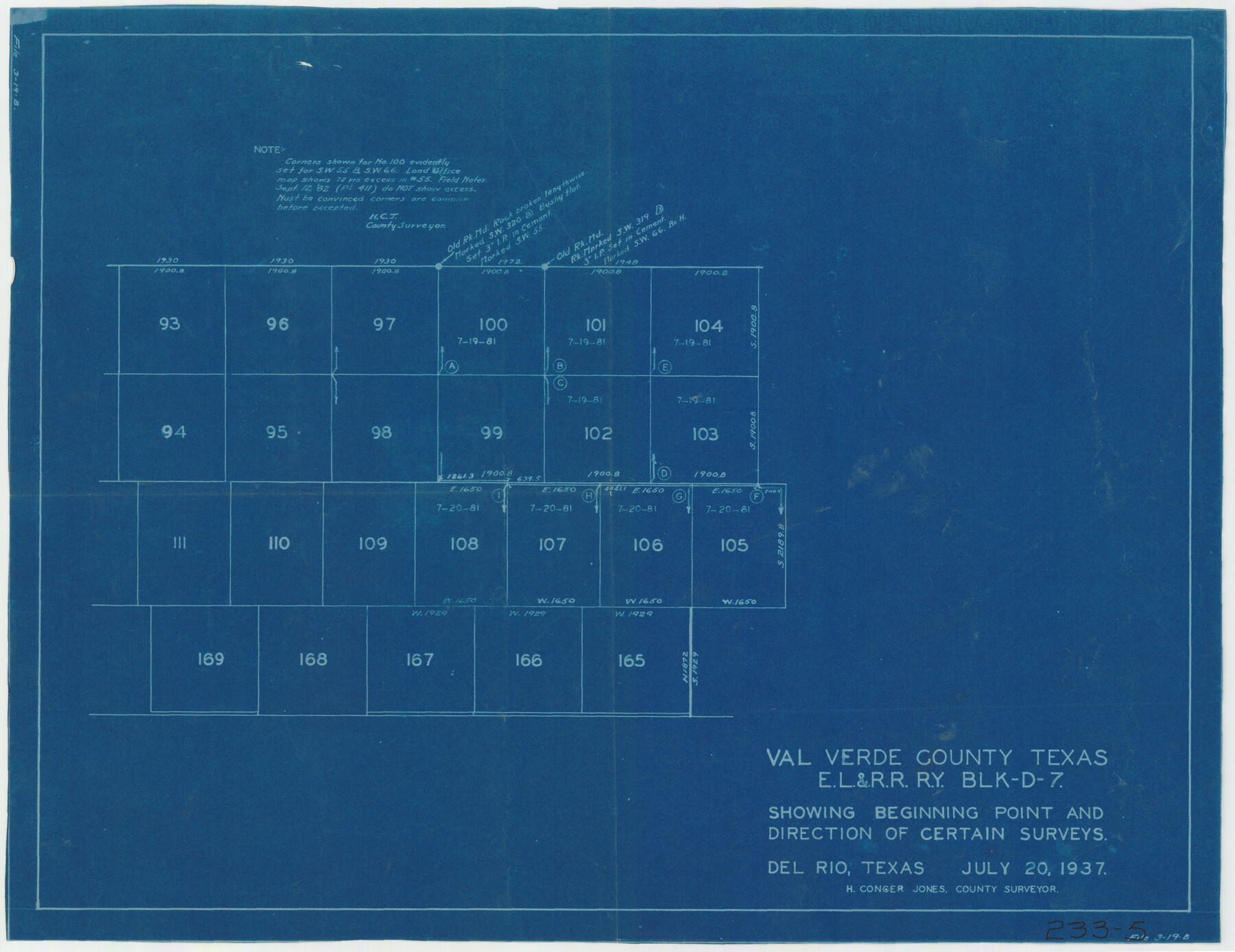 91950, Val Verde County, Texas, E. L. & R. R. Ry. Block D7 showing beginning point and direction of certain surveys, Twichell Survey Records