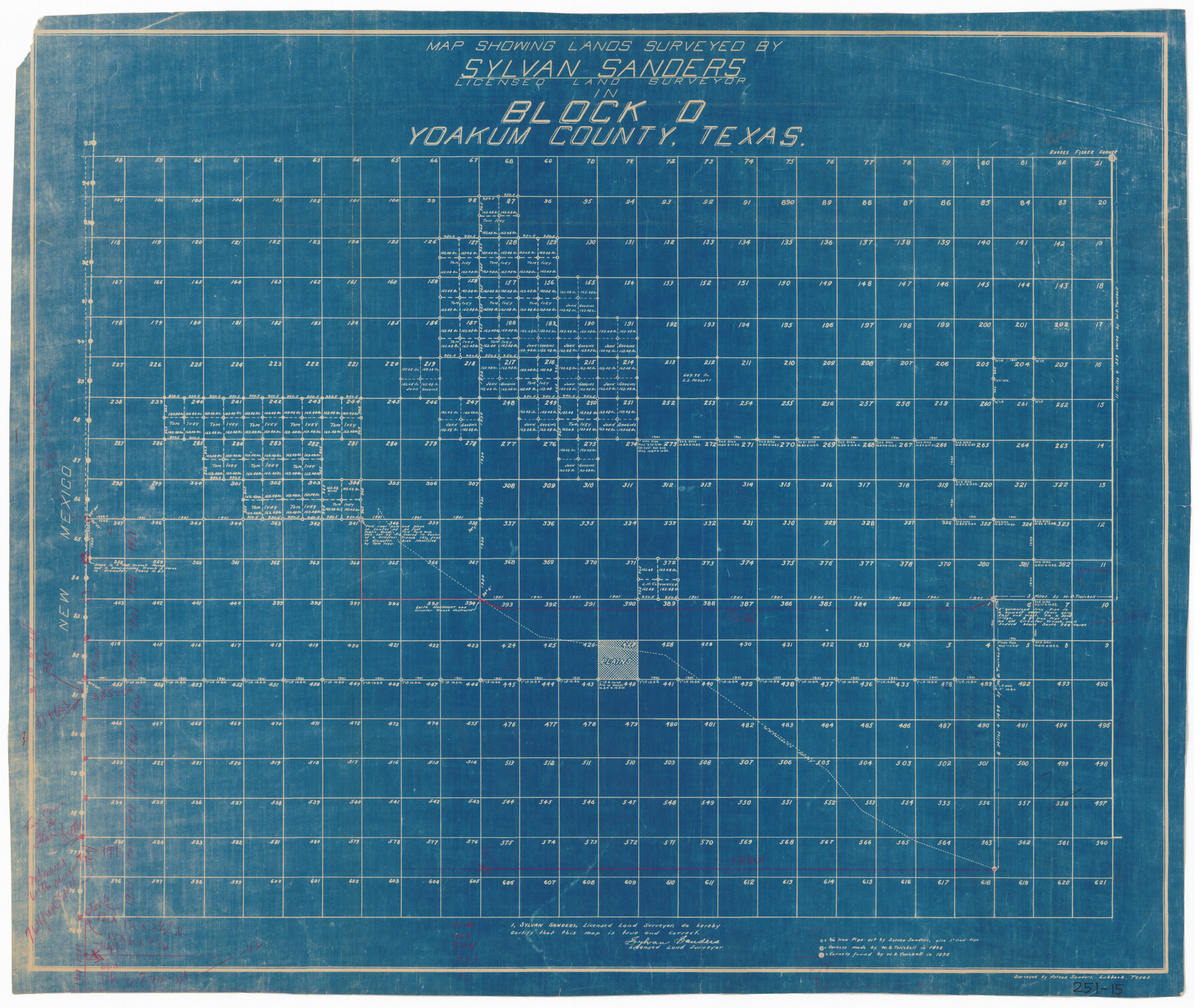 92008, Map Showing Lands Surveyed by Sylvan Sanders in Block D, Yoakum County, Texas, Twichell Survey Records