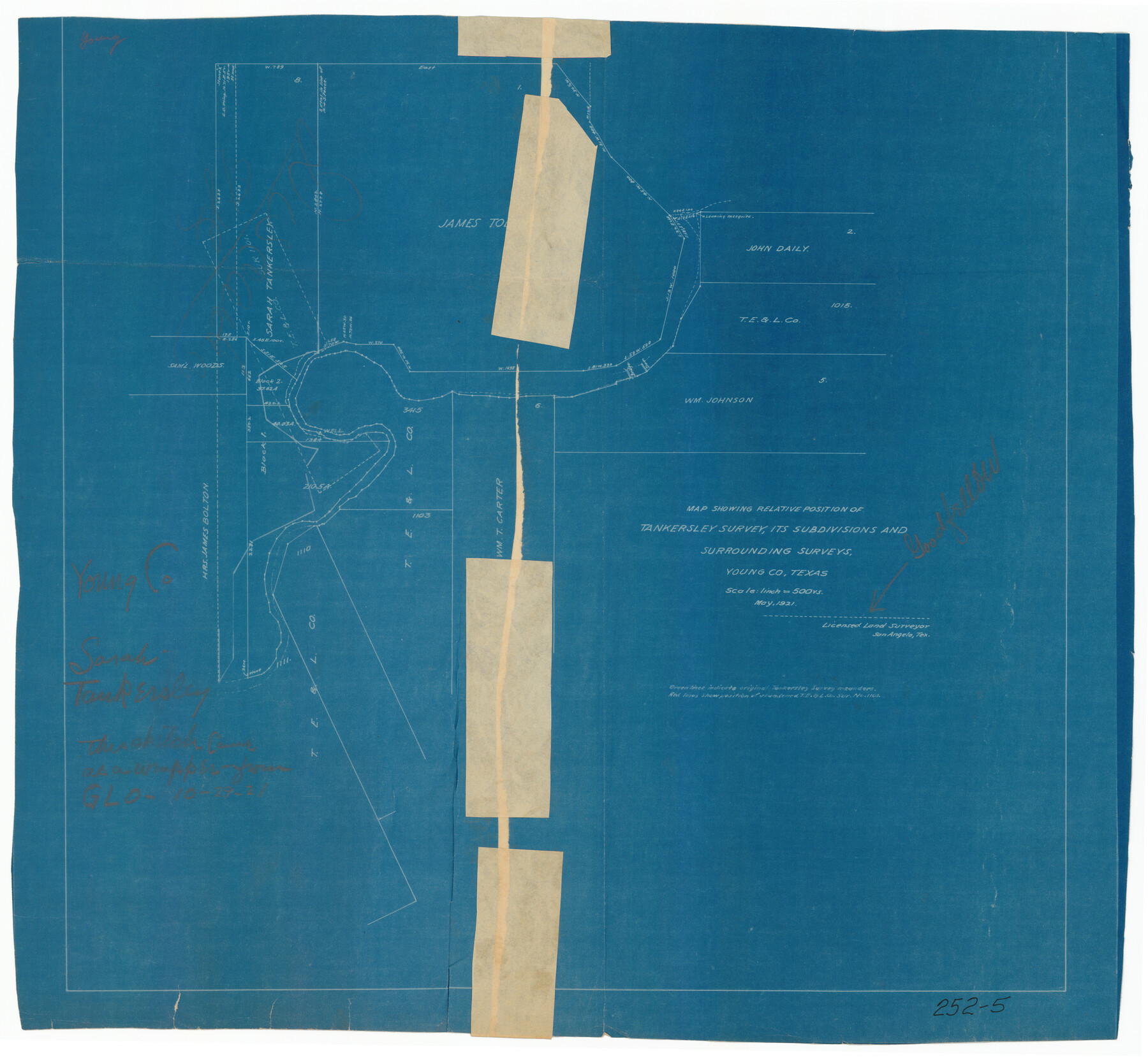 92020, Map Showing Relative Position of Tankersley Survey, its Subdivisions and Surrounding Surveys, Young County, Texas, Twichell Survey Records