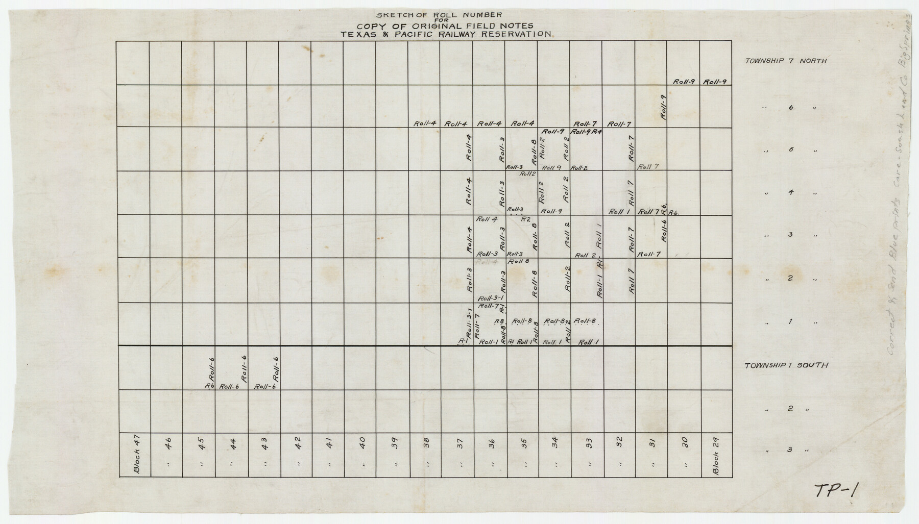 92026, Sketch of Roll Number for Copy of Original Field Notes Texas & Pacific Railway Reservation, Twichell Survey Records