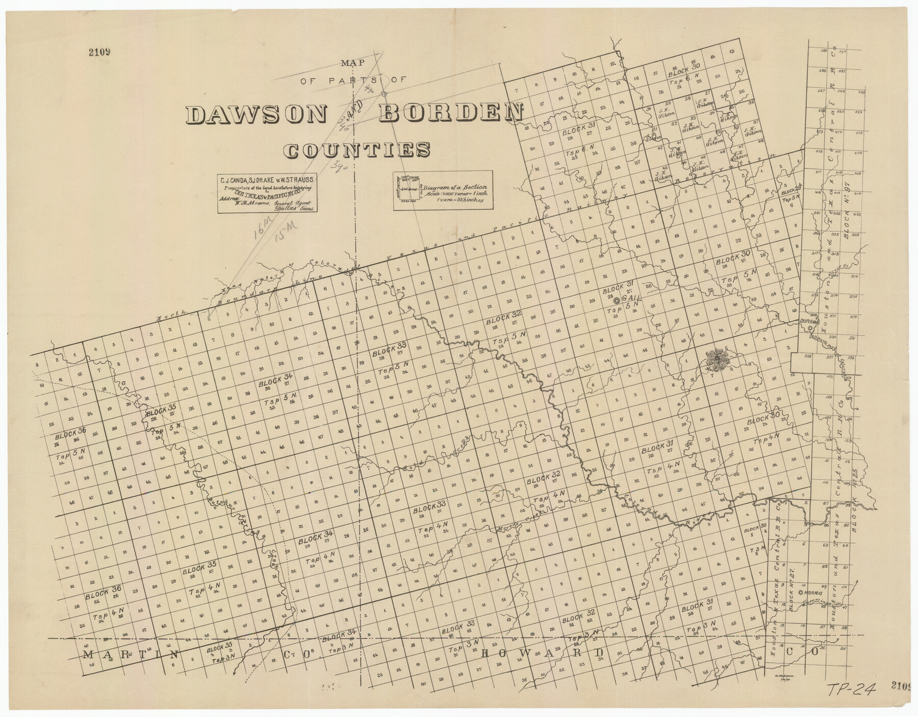 92034, Map of Parts of Dawson and Borden Counties, Twichell Survey Records