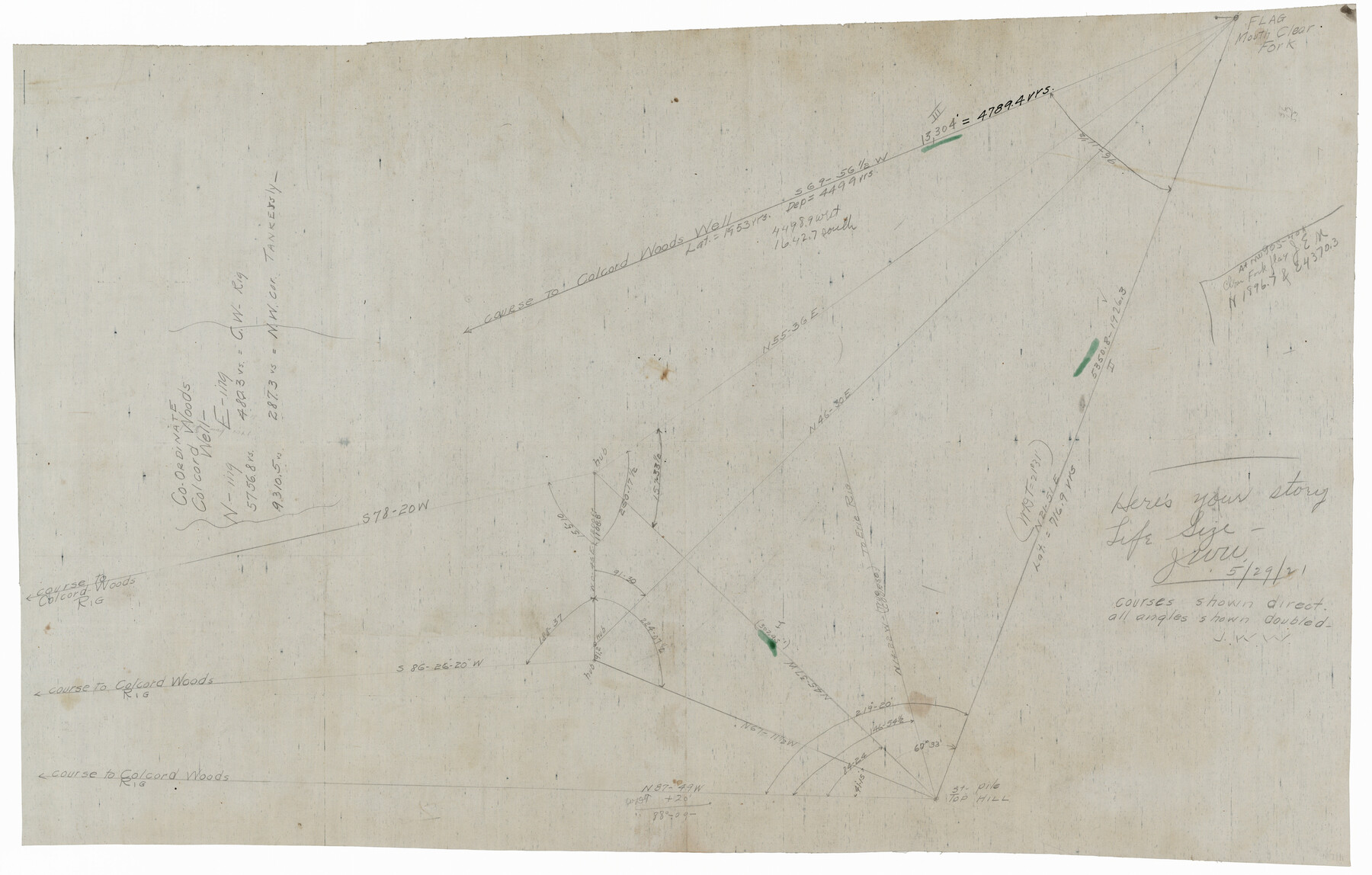 92088, [Pencil sketch showing triangulation from Flag on Mouth of Clear Fork and Top Hill], Twichell Survey Records