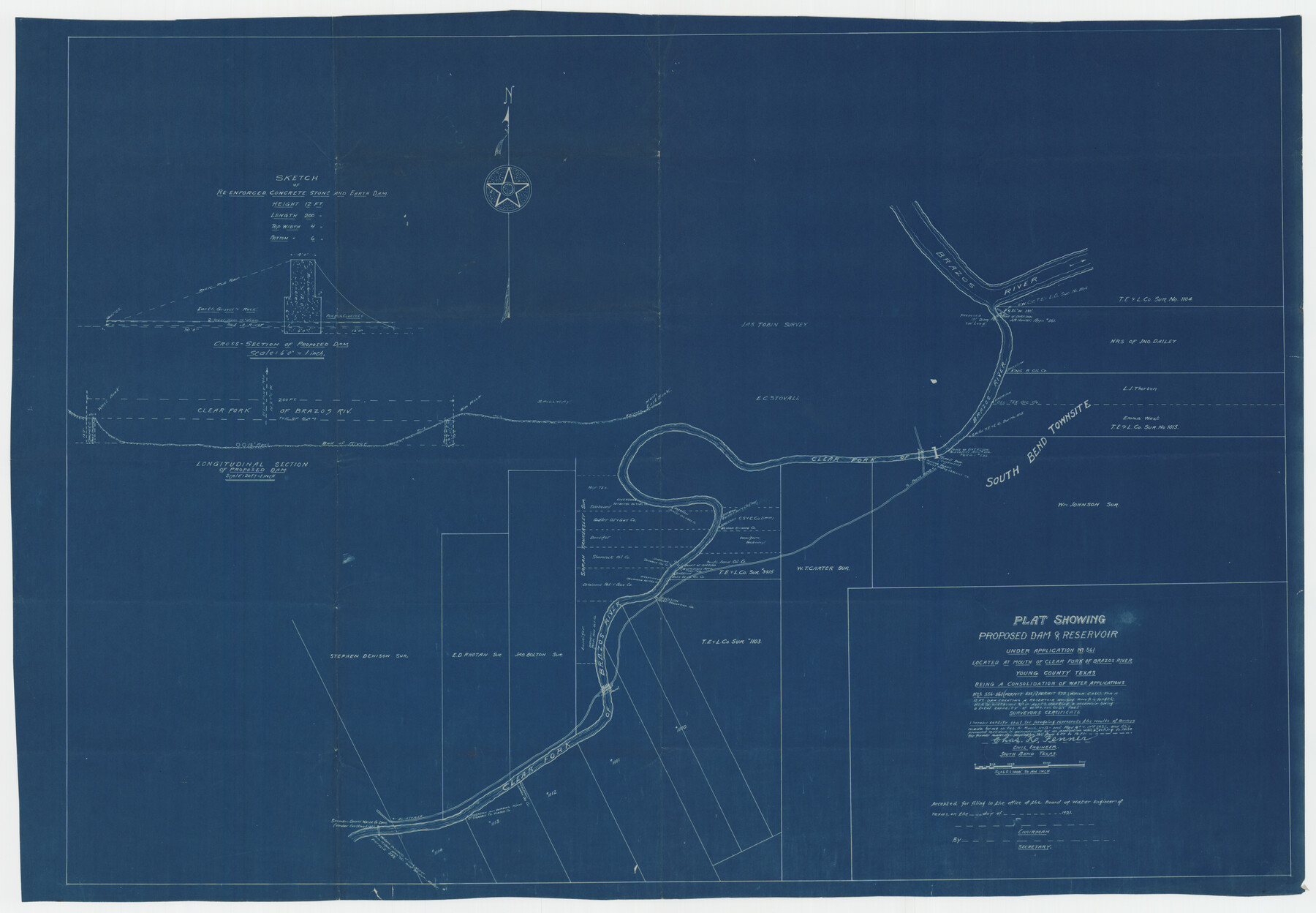 92094, Plat Showing Proposed Dam & Reservoir Under Application No. 561 Located at Mouth of Clear Fork of Brazos River, Twichell Survey Records