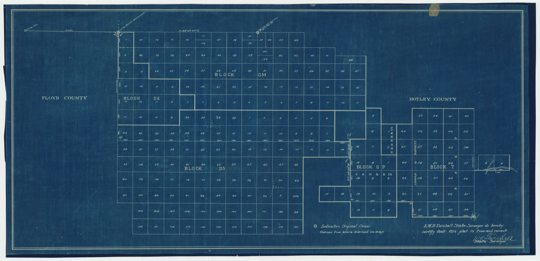 92113, [Blocks in East Floyd County and West Motley County showing Blocks D2, D3, GM, GP and T], Twichell Survey Records