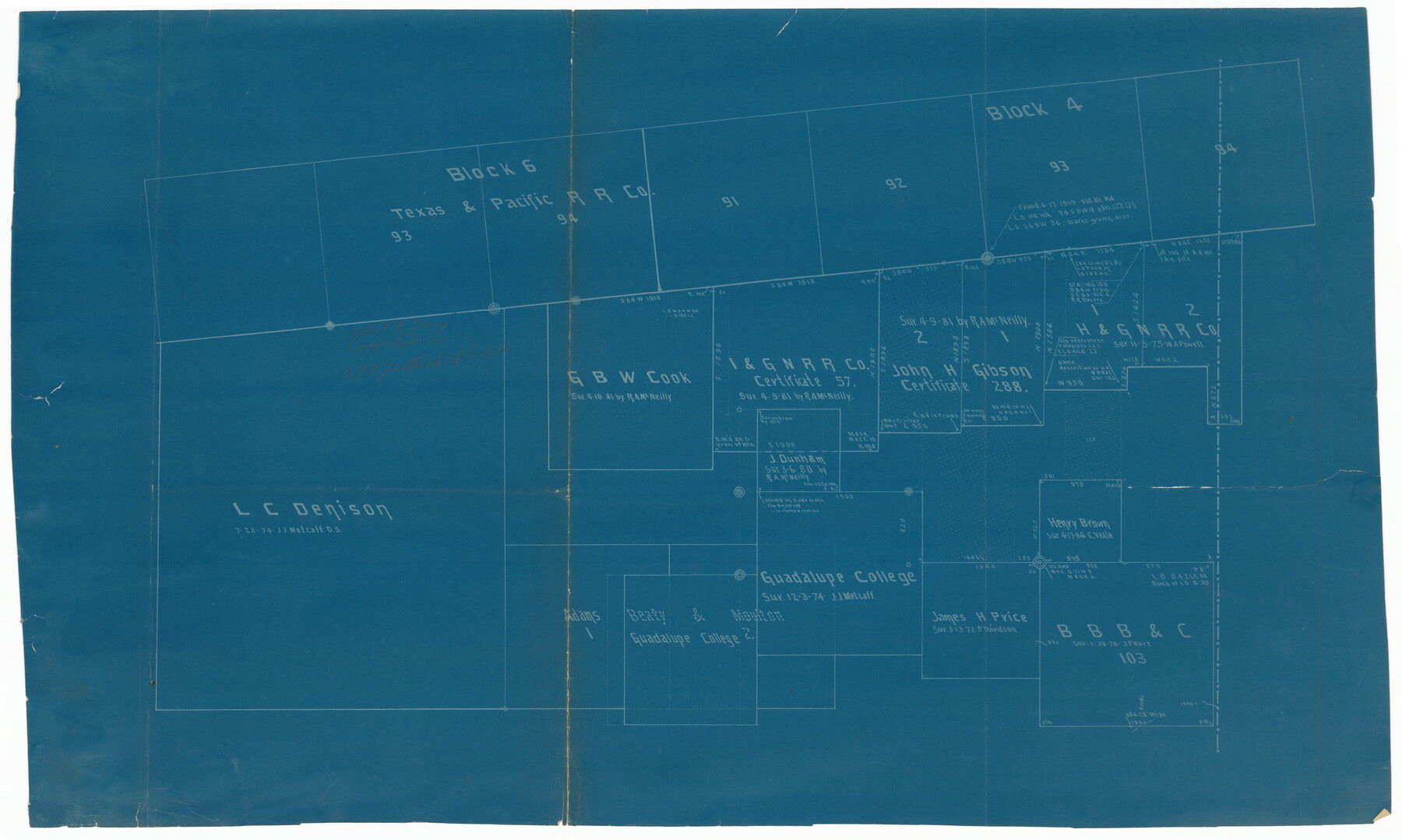 92133, [Texas & Pacific RR. Co. Blocks 6 and 4, L. C. Denison, Guadalupe College and vicinity], Twichell Survey Records