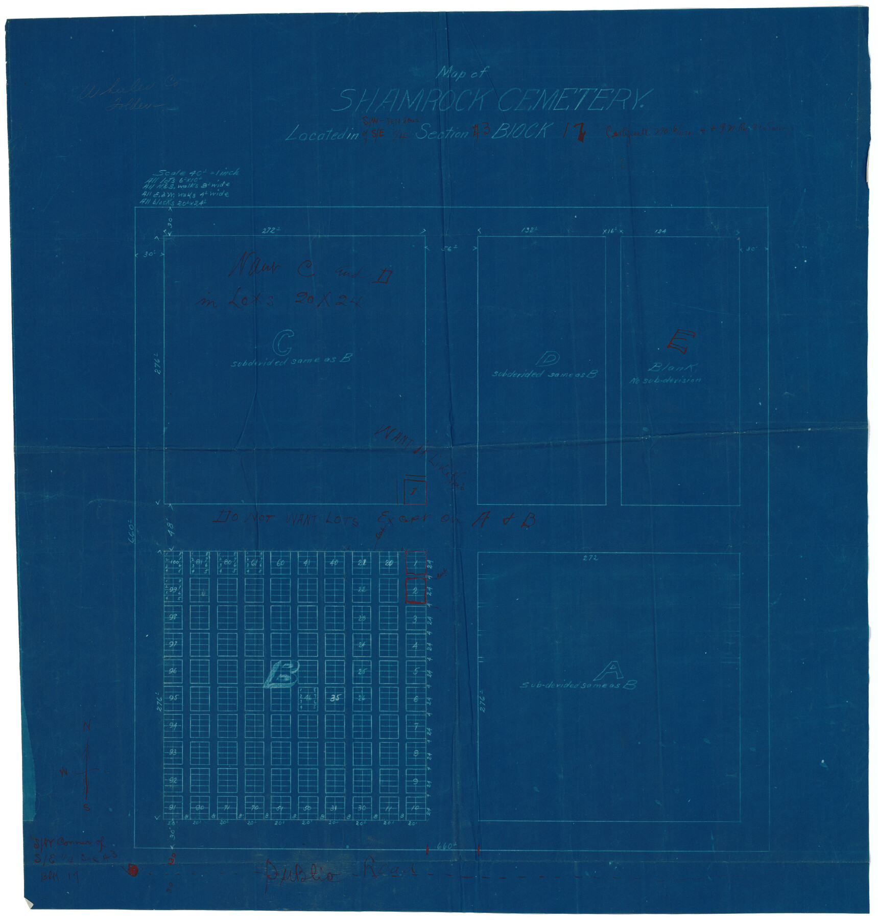 92134, Map of Shamrock Cemetery Located in Southwest 10 acres of Southeast 1/4 Section 43, Block 17, Twichell Survey Records