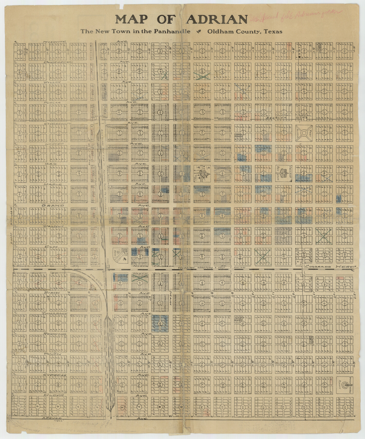 92135, Map of Adrian, the New Town in the Panhandle, Oldham County, Texas, Twichell Survey Records