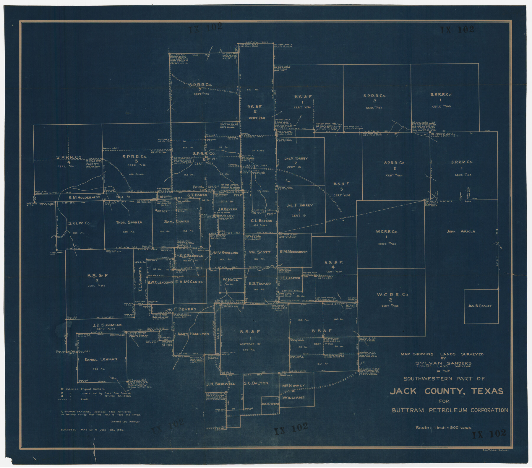 92159, Map showing lands surveyed by Sylvan Sanders in the Southwestern Part of Jack County, Texas for Buttram Petroleum Corporation, Twichell Survey Records