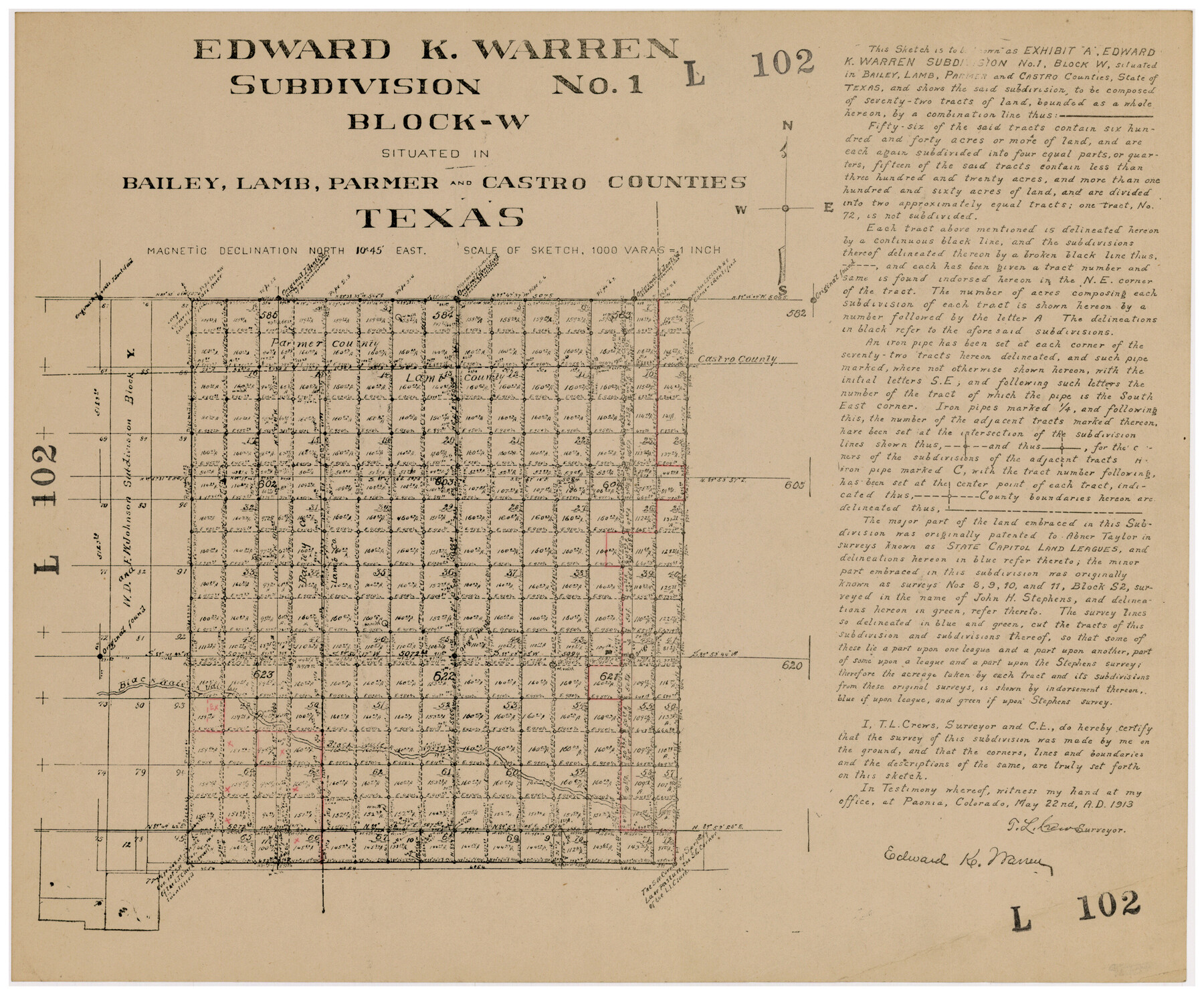 92163, Edward K. Warren Subdivision No. 1 Block-W Situated in Bailey, Lamb, Parmer, and Castro Counties, Texas, Twichell Survey Records