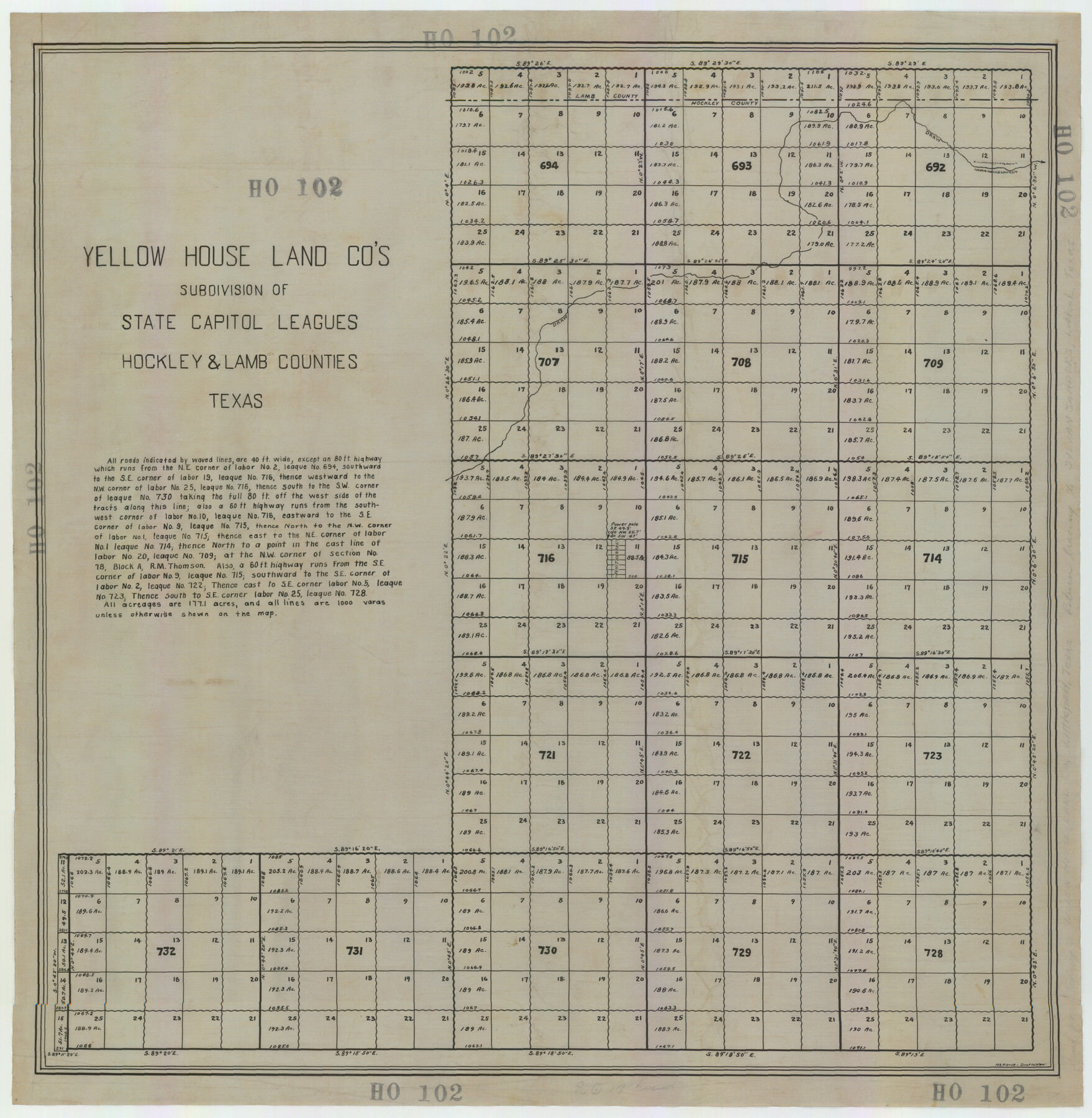 92206, Yellow House Land Company's Subdivision of State Capitol Leagues Hockley and Lamb Counties, Texas, Twichell Survey Records