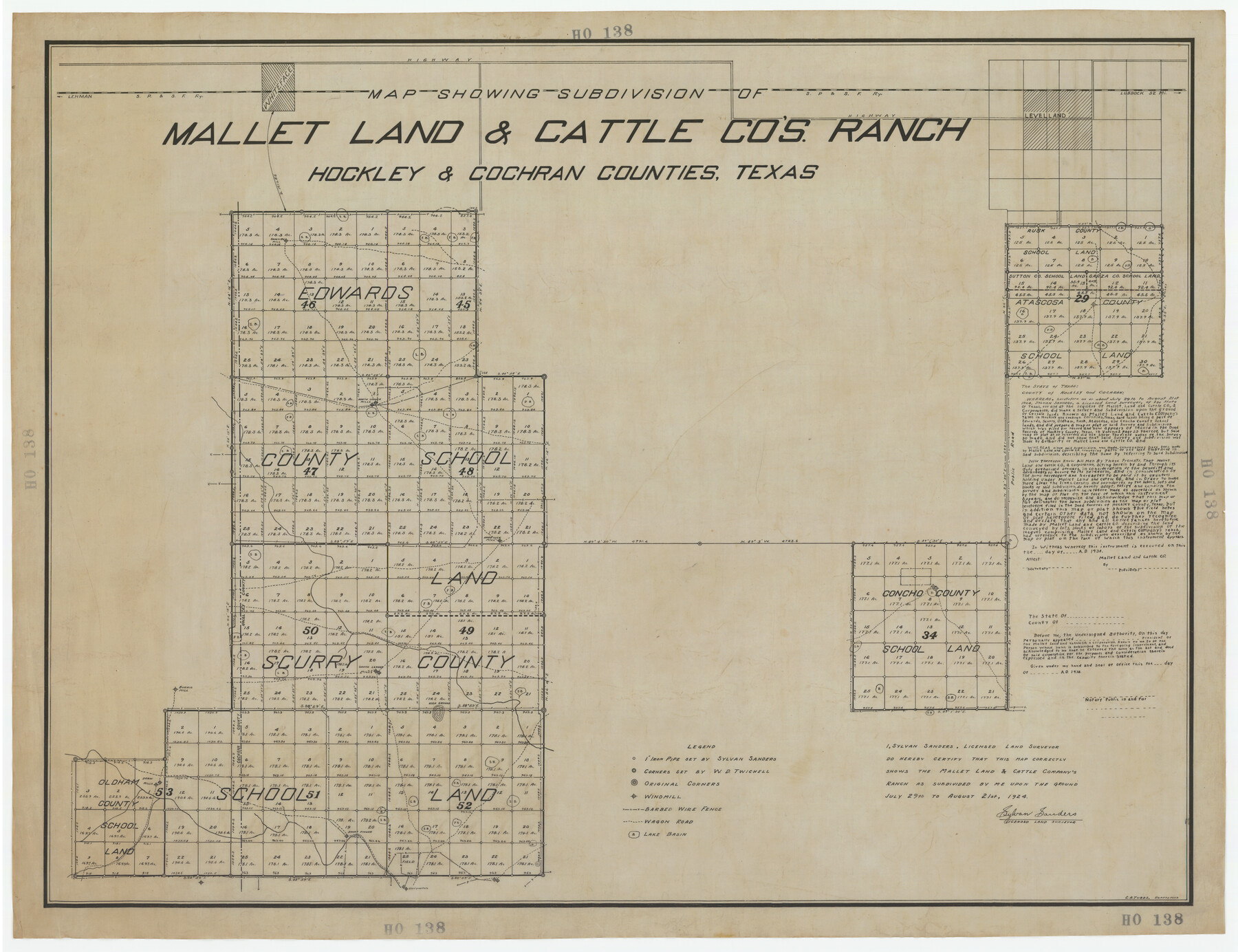 92210, Map Showing Subdivision of Mallet Land and Cattle Company's Ranch Hockley and Cochran Counties, Texas, Twichell Survey Records