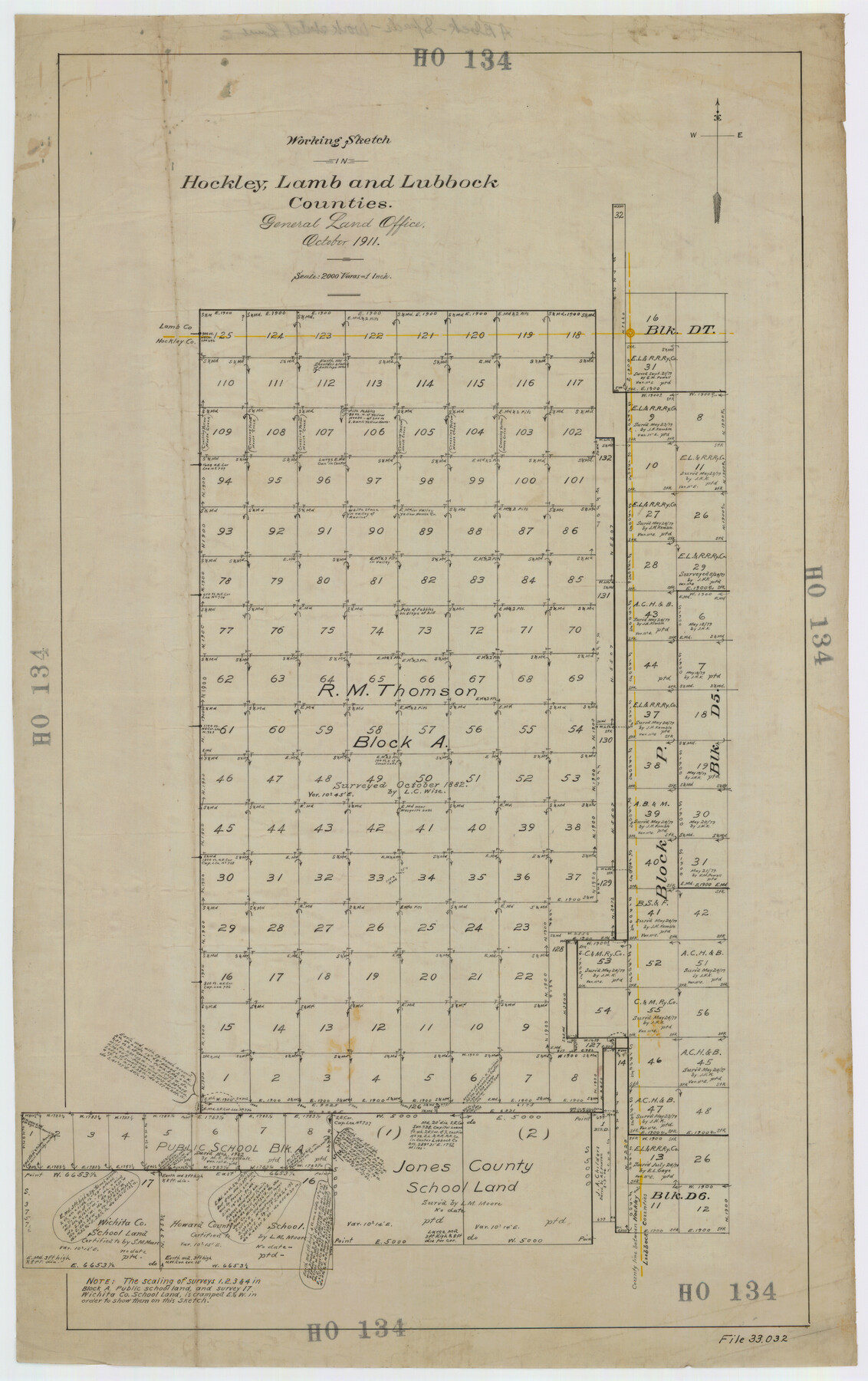 92213, Working Sketch in Hockley, Lamb, and Lubbock Counties, Twichell Survey Records