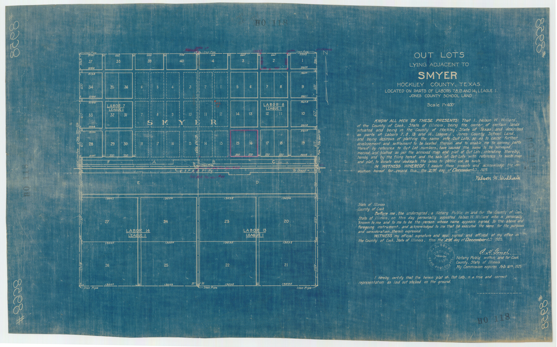 92224, Outlots Lying Adjacent to Smyer Hockley County, Texas Located on Parts of Labors 7, 8, 13, and 14, League 1. Jones County School Land, Twichell Survey Records