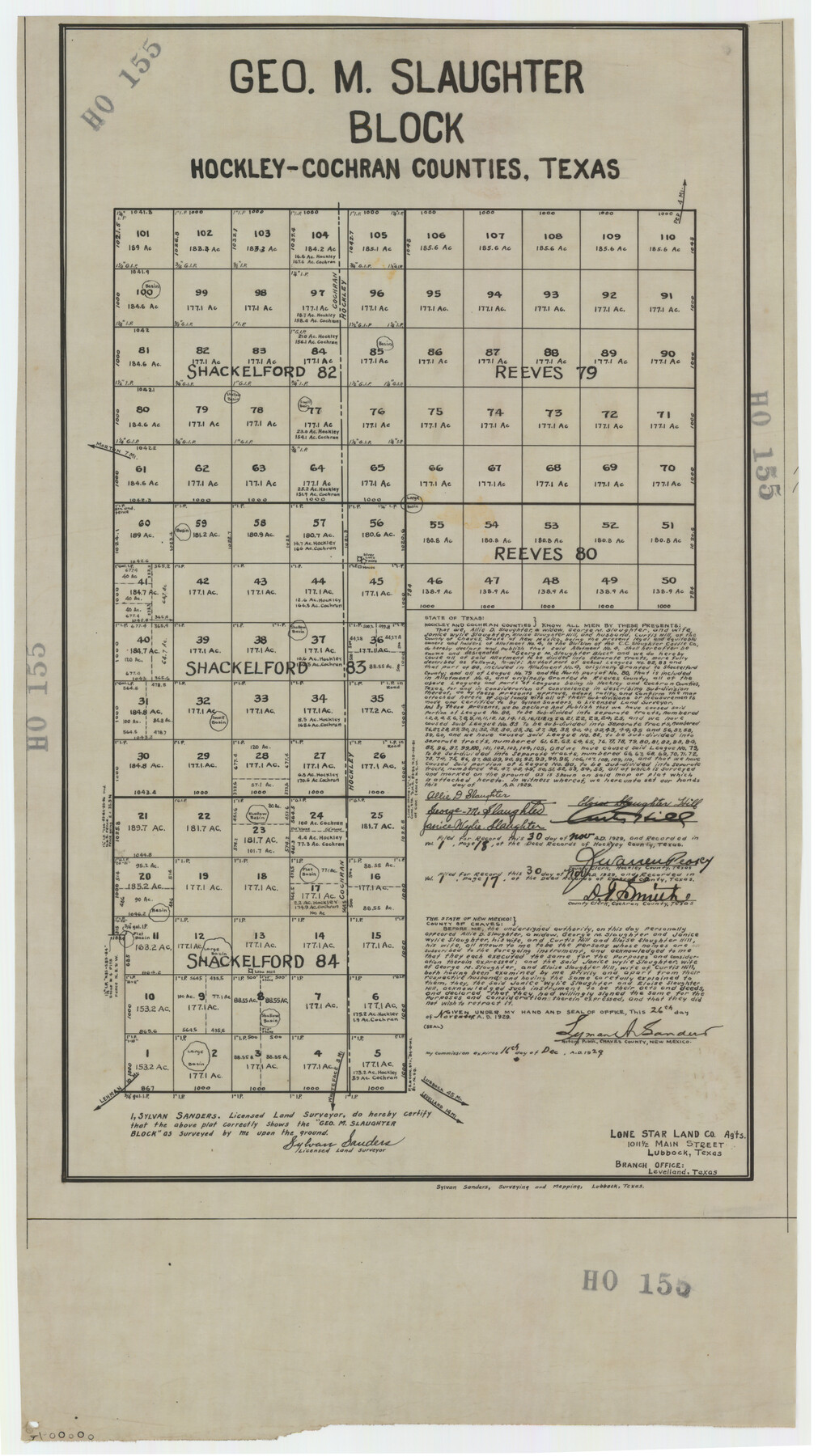 92238, George M. Slaughter Block Hockley and Cochran Counties, Texas, Twichell Survey Records