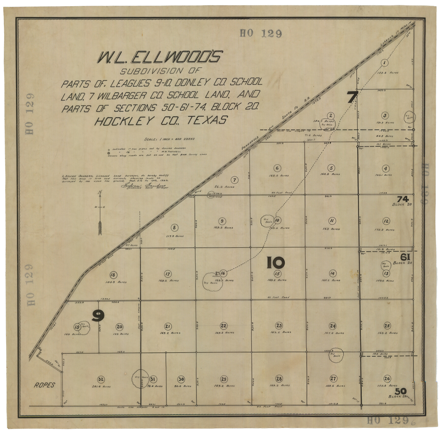 92249, W. L. Ellwood's Subdivision of Parts of Leagues 9 and 10, Donley County School Land, 7 Wilbarger County School Land and Parts of Section 50, 61, and 74, Block 20 Hockley County, Texas, Twichell Survey Records