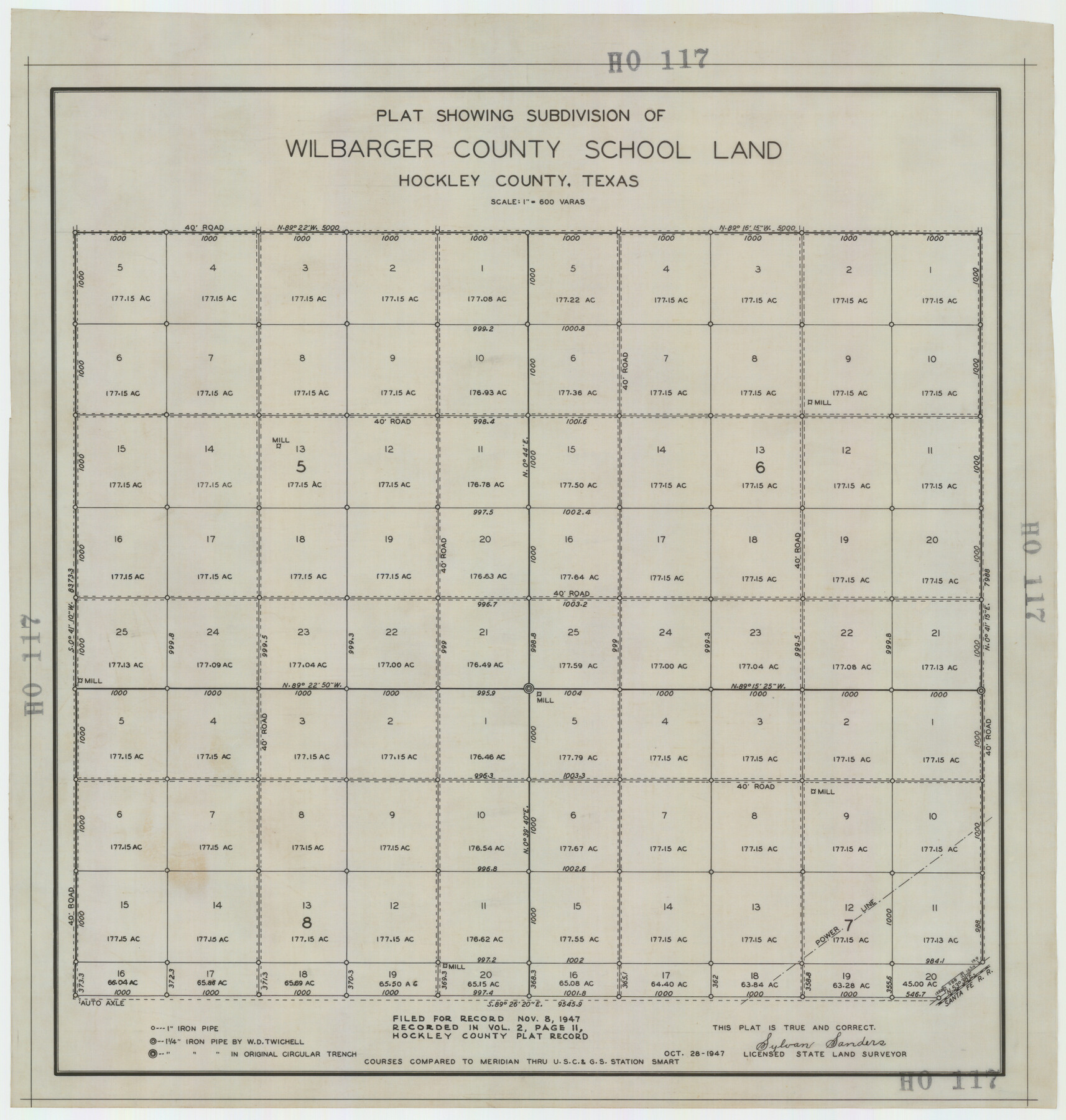 92255, Plat Showing Subdivision of Wilbarger County School Land Hockley County, Texas, Twichell Survey Records