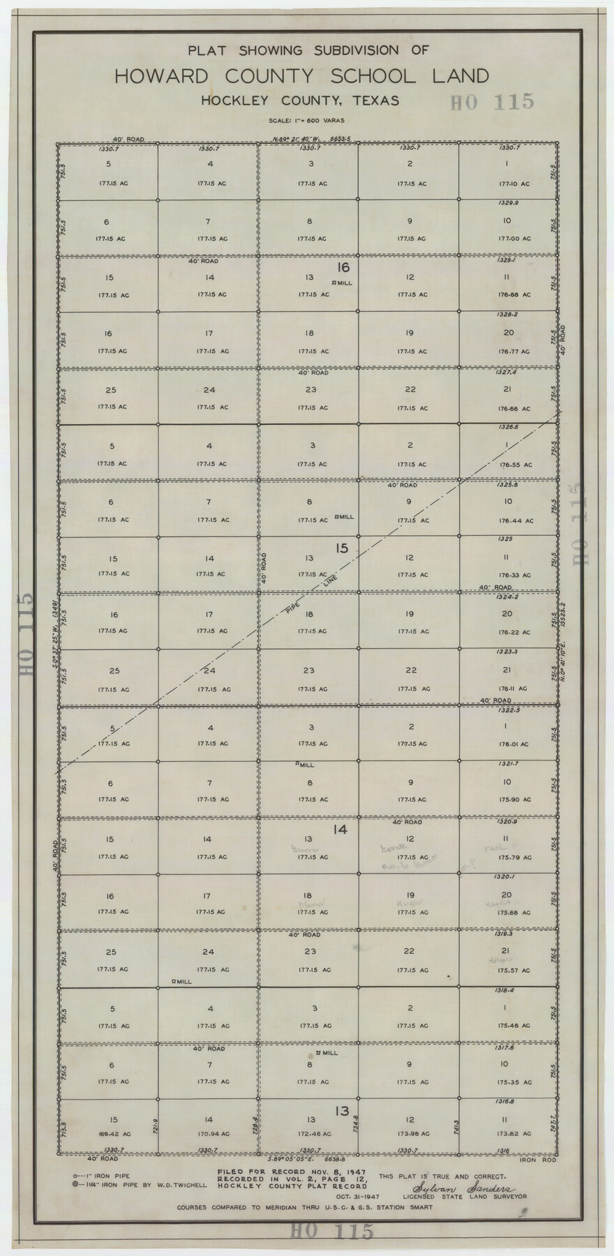 92256, Plat Showing Subdivision of Howard County School Land Hockley County, Texas, Twichell Survey Records