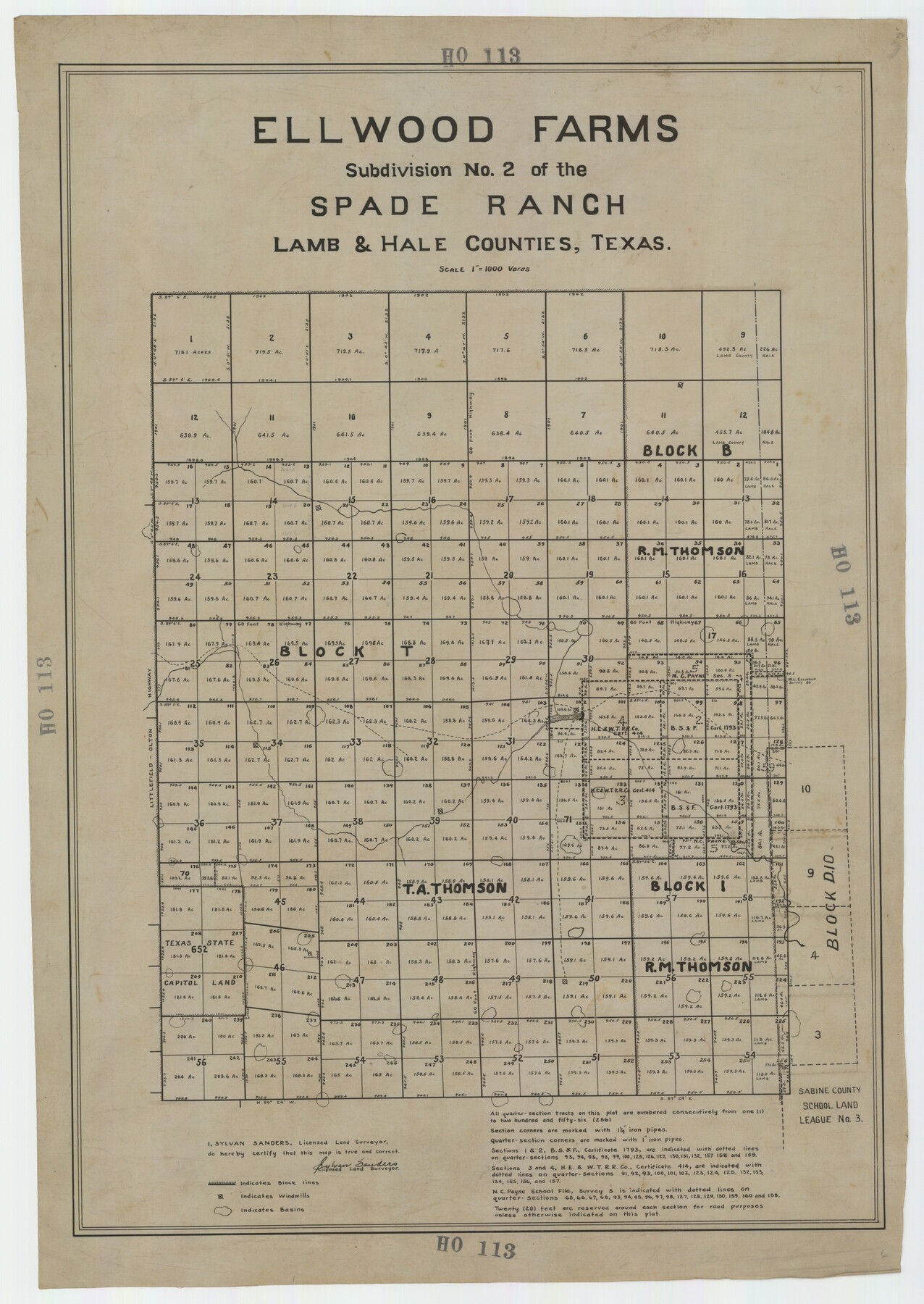 92258, Ellwood Farms Subdivision Number 2 of the Spade Ranch Lamb and Hale Counties, Texas, Twichell Survey Records